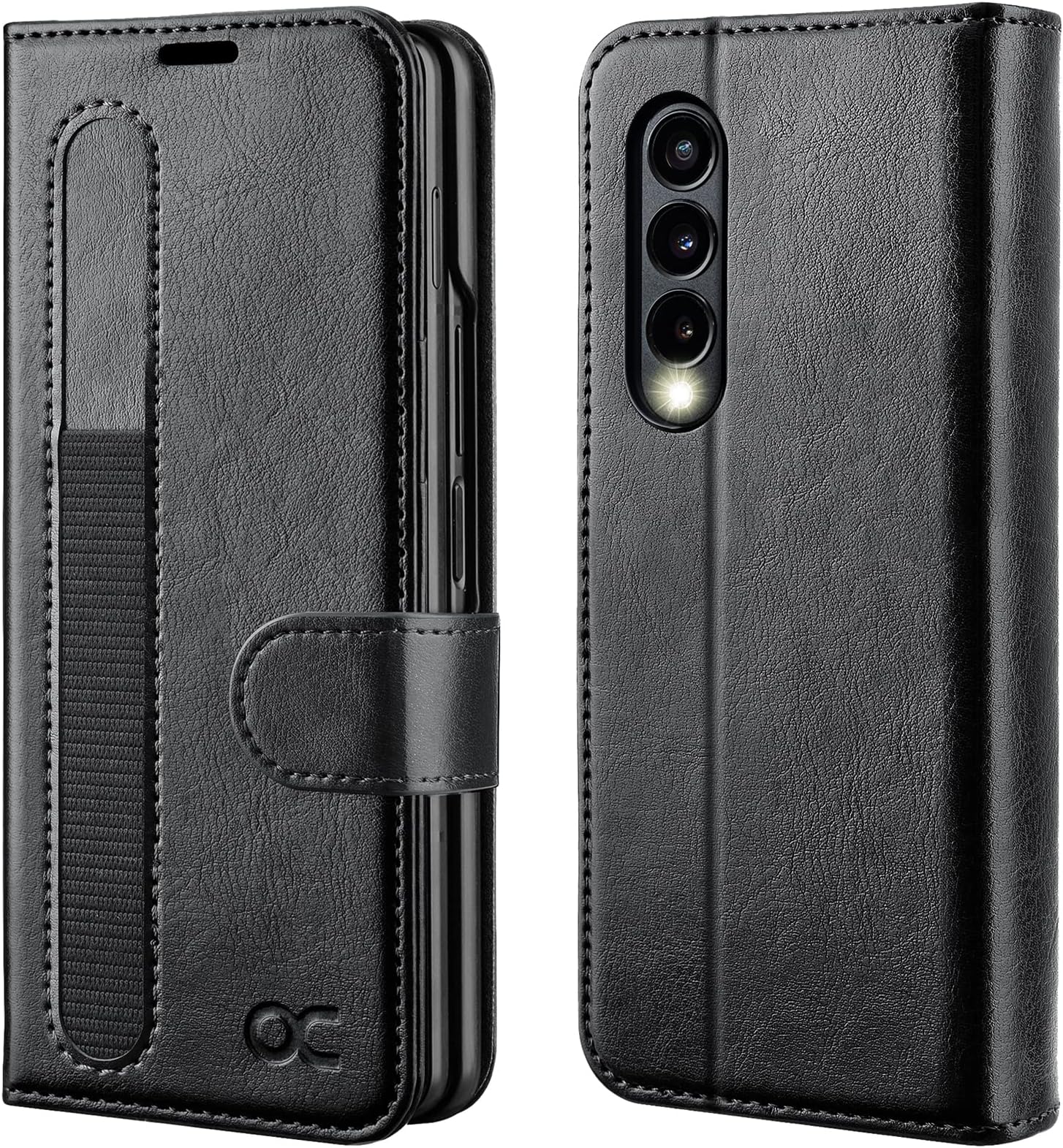 OCASE Galaxy Z Fold 3 5G Wallet Case with S Pen Holder, PU Leather Flip Folio, Card Slots, RFID Blocking, Kickstand - Black