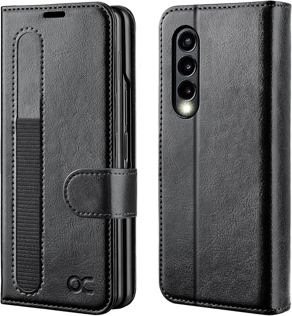 OCASE Compatible with Samsung Galaxy Z Fold 3 5G Case with S Pen Holder,[Upgraded] Galaxy Z Fold3 5G Flip Wallet Case Leather with RFID Blocking Card Holder Kickstand Phone Cover,Black