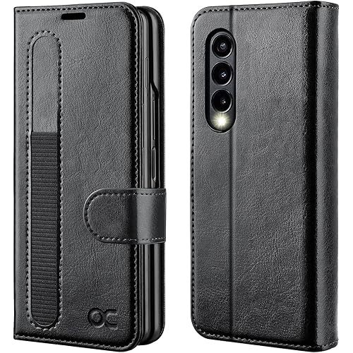 OCASE Galaxy Z Fold 3 5G Wallet Case with S Pen Holder, PU Leather Flip Folio, Card Slots, RFID Blocking, Kickstand - Black