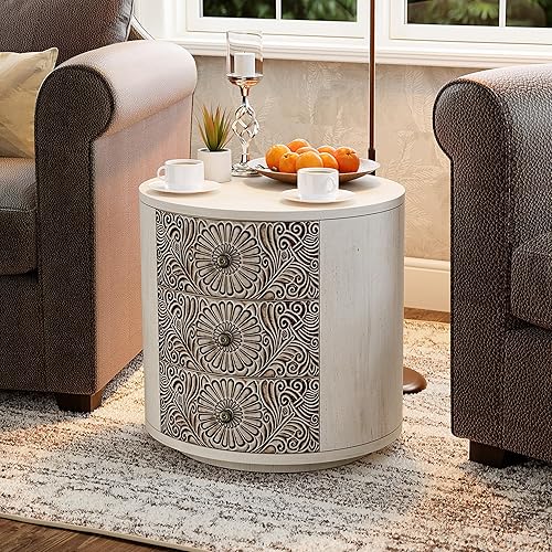 Miniatura 3 de SUNBURY Mesa auxiliar para sala de estar, mesa auxiliar pequeña con 3 cajones, mesita de noche vintage, elegante mesita de noche pequeña para