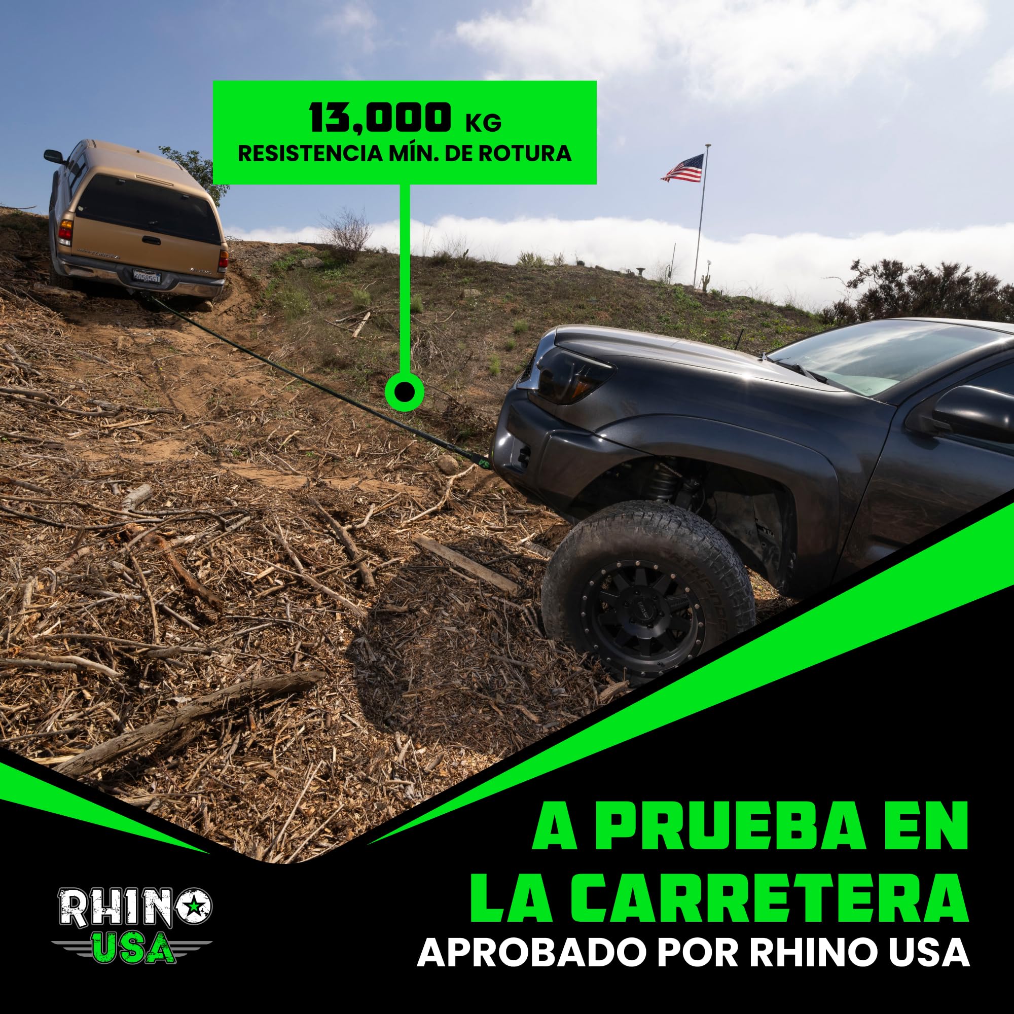 Rhino USA Cuerda Cinética para Remolque 13000kg - Cuerda de Remolque y Recuperación con 2X Grilletes - Correa de Rescate Todoterreno 2.2 cm x 9 m - para Todoterreno Quad UTV 4x4 - Negro