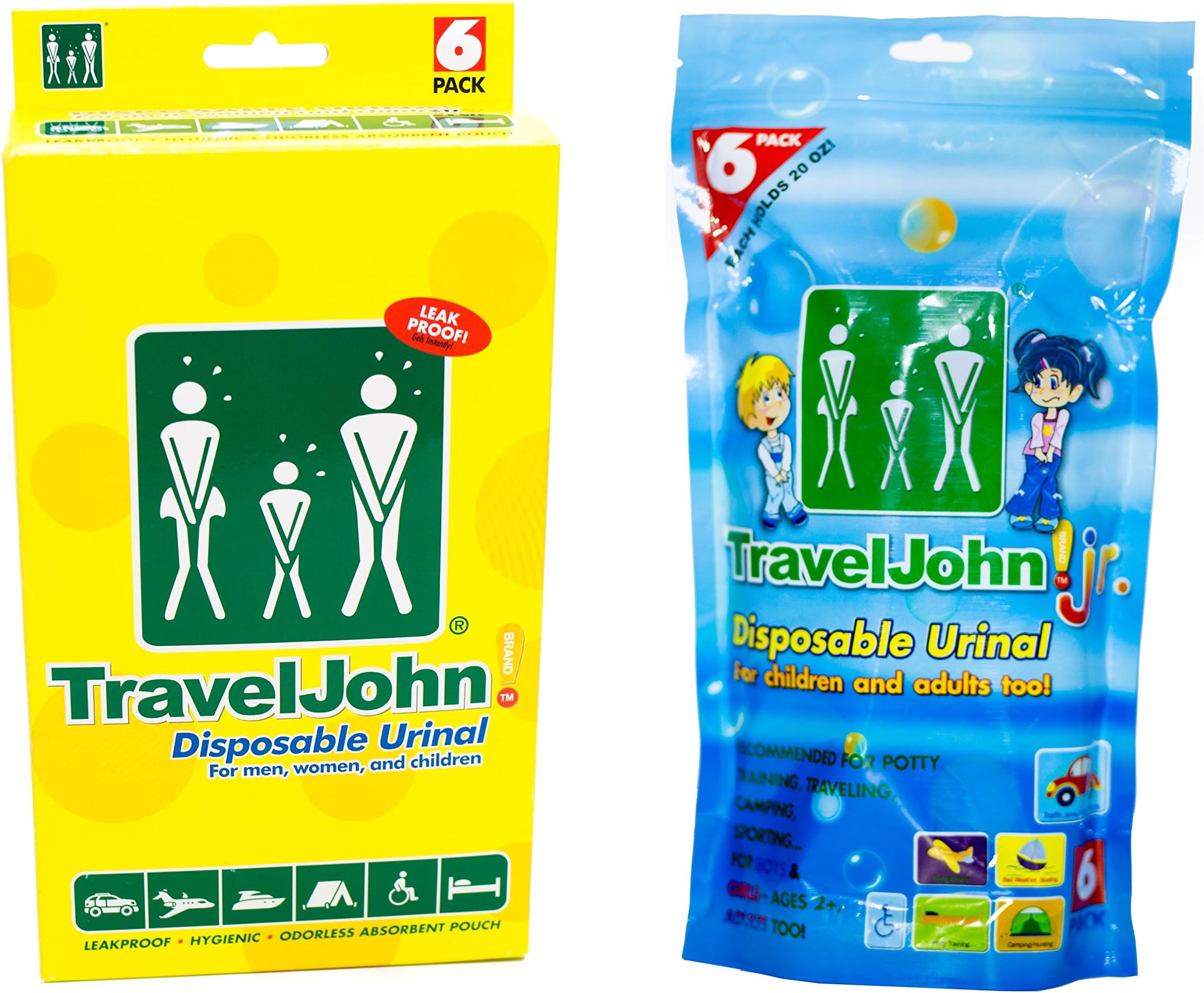 Travel John Disposable Urinal Family Pack for Men, Women & Children - Portable Resealable Urine Bags for Traveling, Camping, Hiking - Odorless, Hygienic, Non-Toxic - Bundle of 6 John and 6 Jr