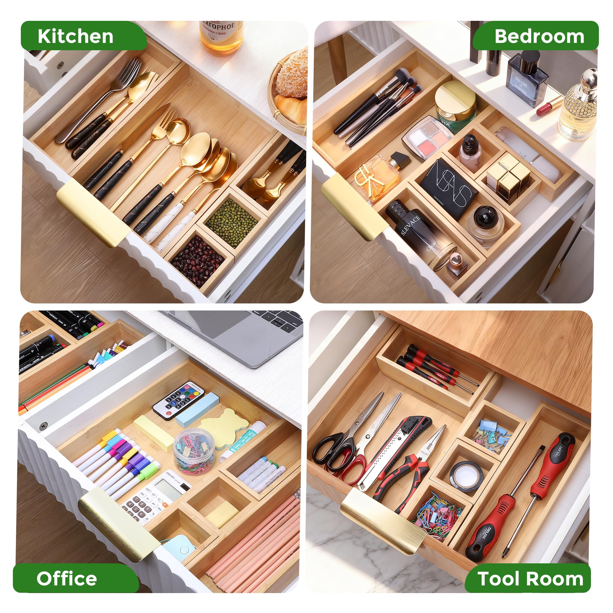 Schubladen-Organizer-Set aus Bamboo, Aufbewahrungsboxen aus Holz, Schubladeneinteiler und Aufbewahrungsboxen, für Küche, Badezimmer, Schreibtisch, Make-up, Schmuck und Besteck, 14-teilig