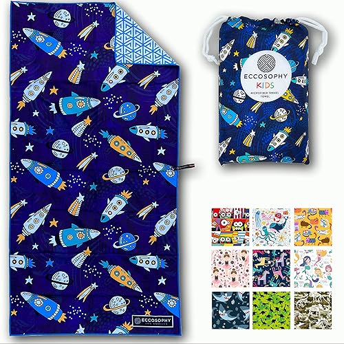 ECCOSOPHY Toallas de playa y bolsa de microfibra para niños de 60 x 30 pulgadas para niñas y niños - Toallas de piscina de secado rápido - Manta de