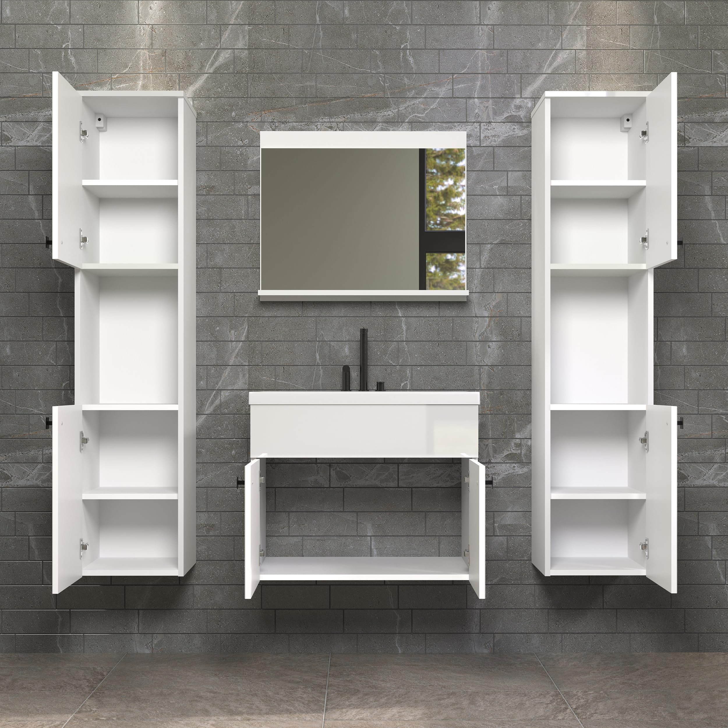 trendteam smart living Haven Badmöbel-Set Weiß/Weiß Hochglanz Lackiert 142 x 133 x 40 cm Waschbeckenschrank Hängend Inklusive Keramik-Einsatzwaschbecken 2 Hochschränke 1 Spiegel