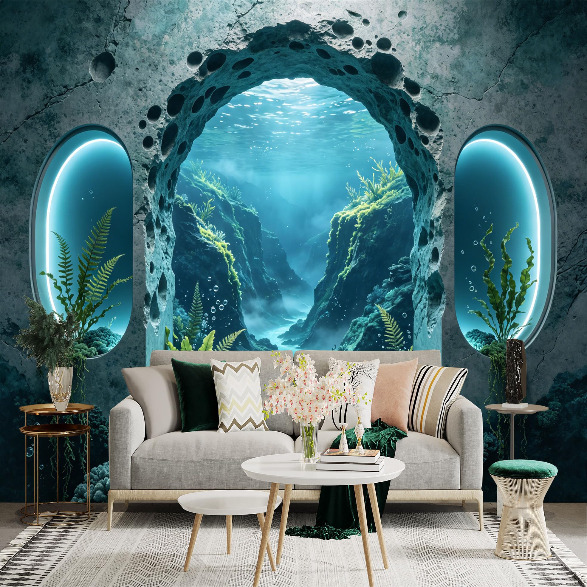 Custom Size Wall Sticker Mural， Underwater Cave View with Coral Reef and Sea Plants， for wall Decoration， peelandstick wall Decals.