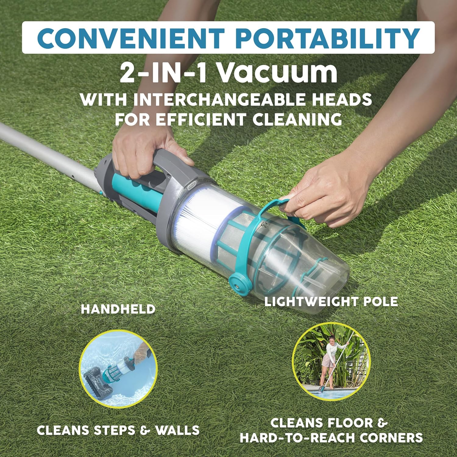 Bestway AquaGrip Handheld Pool Vacuum, 2-in-1 Pole & Hand Held Vac with Light - Cordless Vacuum Cleaner for Inground & Above Ground Pool Leaf & Debris Removal