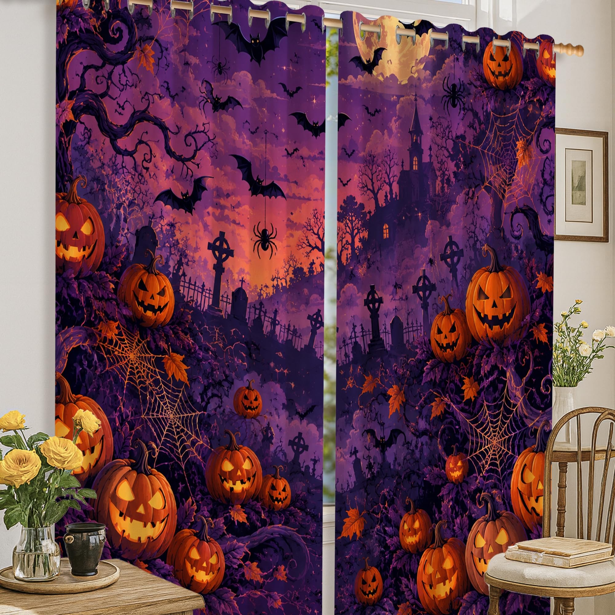 Rideaux occultants de Halloween violets avec motif araignée et citrouille