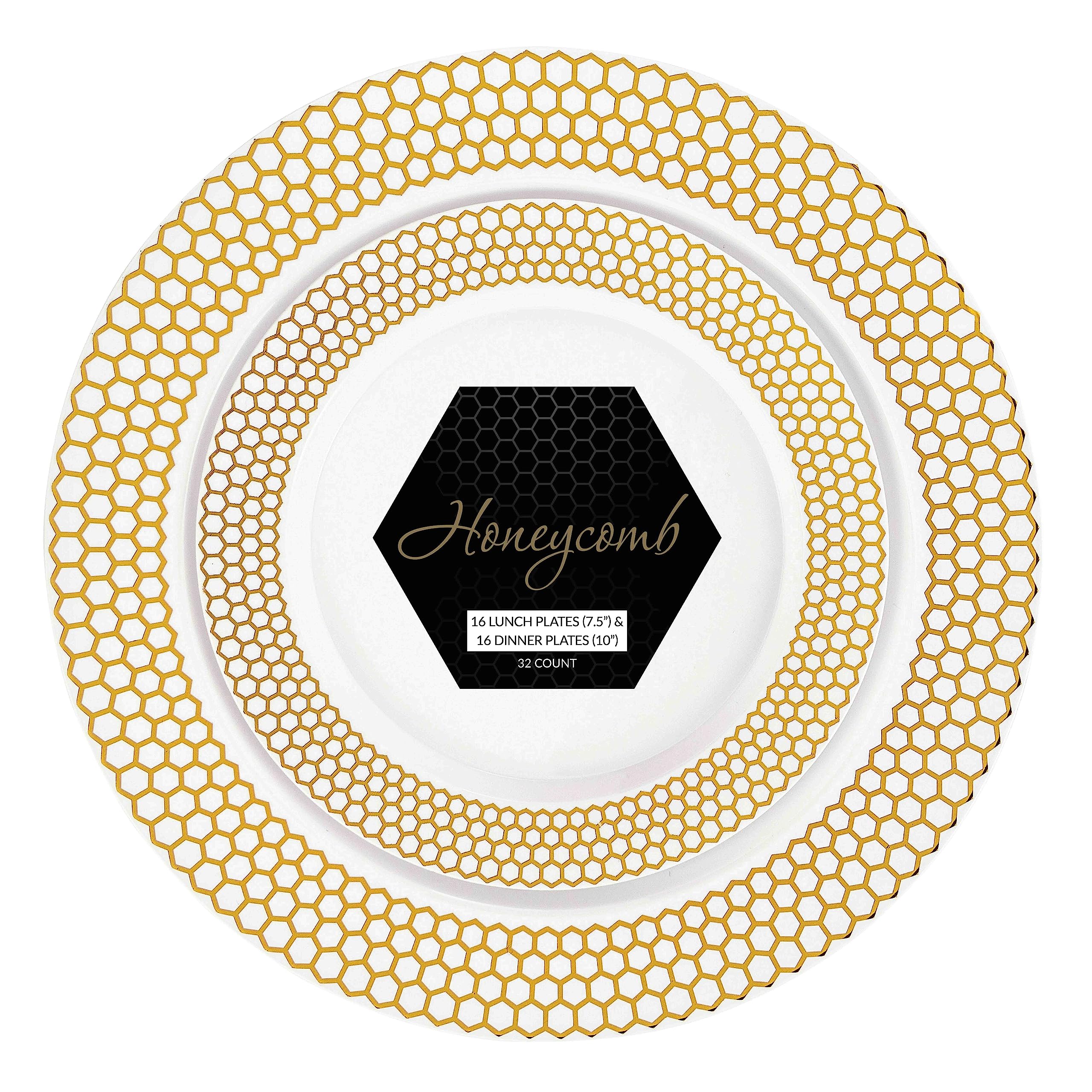 PLASTICPRO 128 Pack Elegant Disposable Plastic Plates Combo Set Includes 64 Dinner Plates and 64 Salad Plates Heavy Duty Fancy Party Plates White & Gold Honeycomb Design