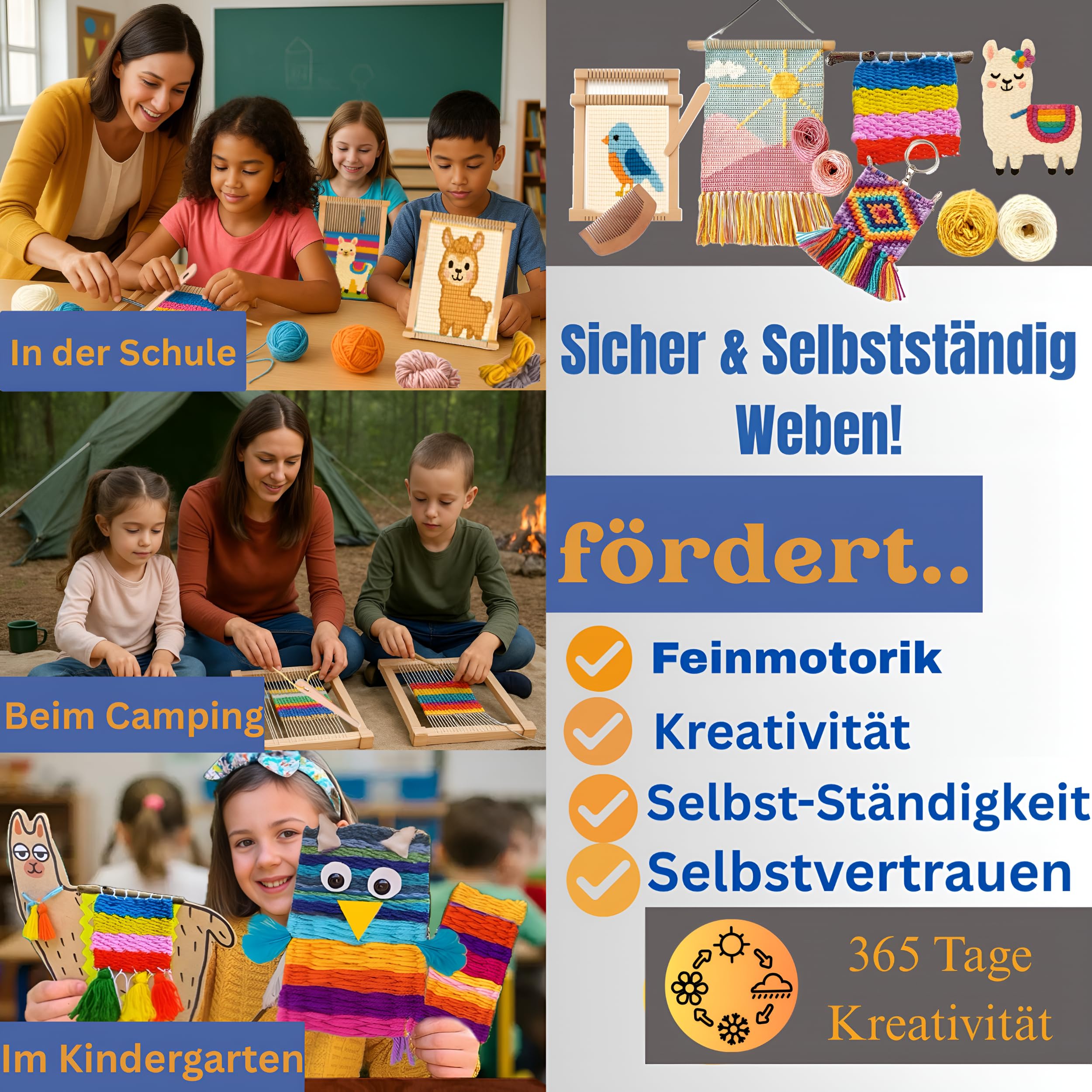 ZENOMORI Premium Webrahmen für Kinder ab 4 Jahre zum Weben und Stricken -DIY Holz Webstuhl Kreatives-Bastelset 29x19cm mit farbiger Wolle Schulwebrahmen für Anfänger und Schüler