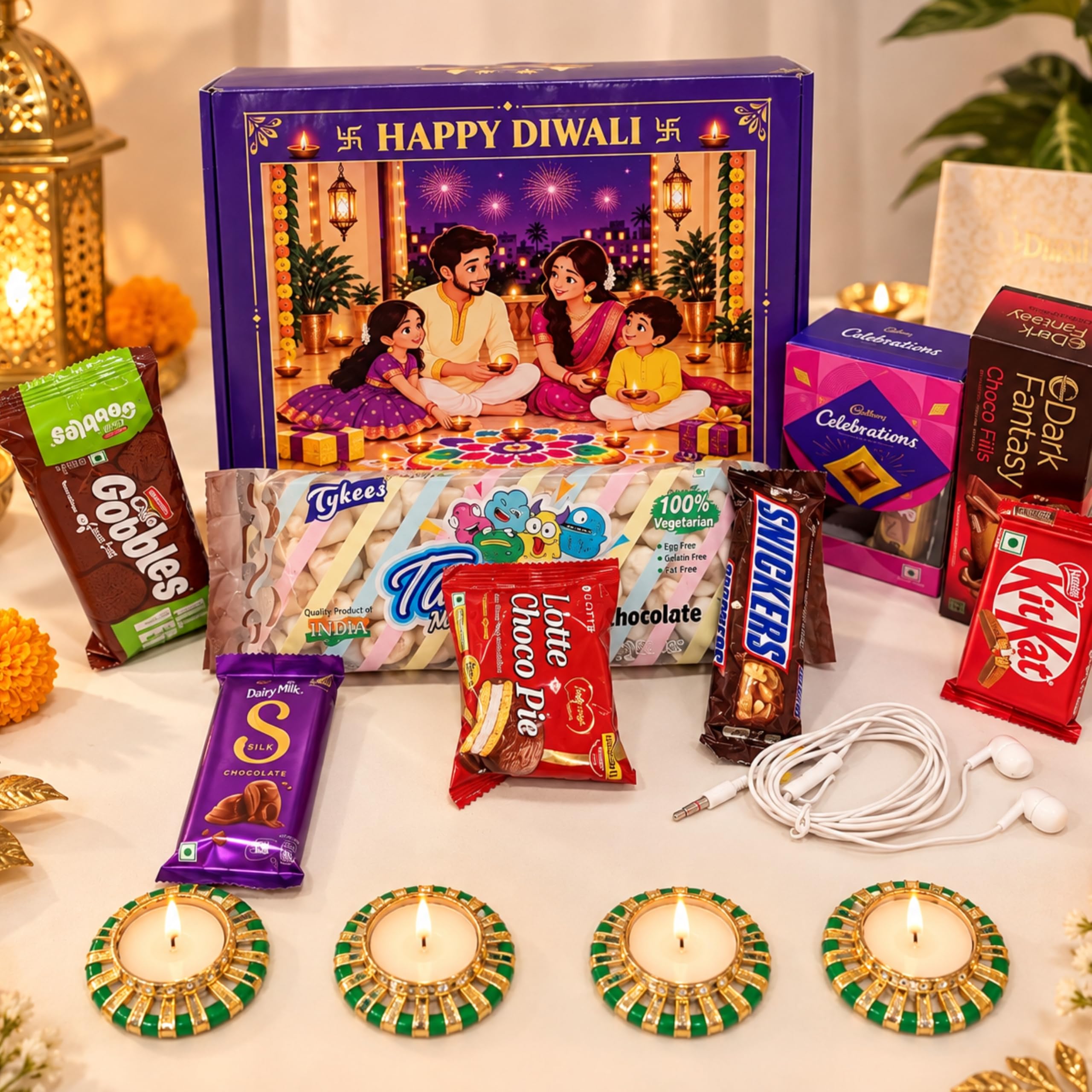 NUTRI MIRACLE Diwali Chocolate Gift Pack with Diya and Earphone | Corporate Employees, Assorted Chocolates, Gift Hamper, Parents