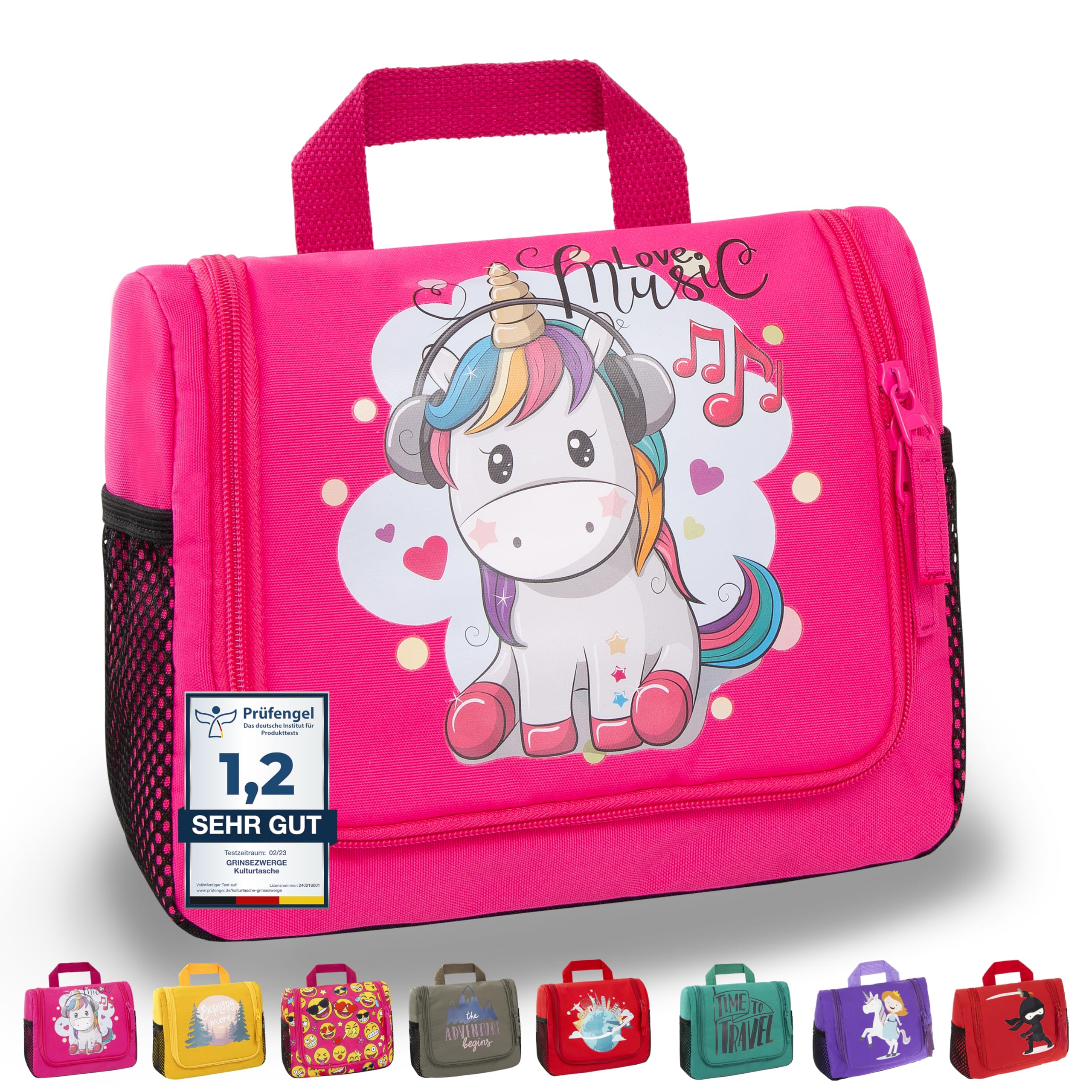 GRINSEZWERGE Kulturtasche für Kinder und Erwachsene - 12 Motive | Reise Kulturbeutel für Damen und Herren | Kosmetiktasche zum Aufhängen | Waschbeutel Waschtasche Reisetasche für Jungen und Mädchen