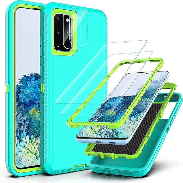 YmhxcY for Galaxy S20 Plus Case with Self Healing Flexible TPU Film[2 Pack] and Camera Lens Screen Protective Film[2 Pack],Heavy Protection Cover For Samsung Galaxy S20 Plus-Aqua Blue/Lime Green