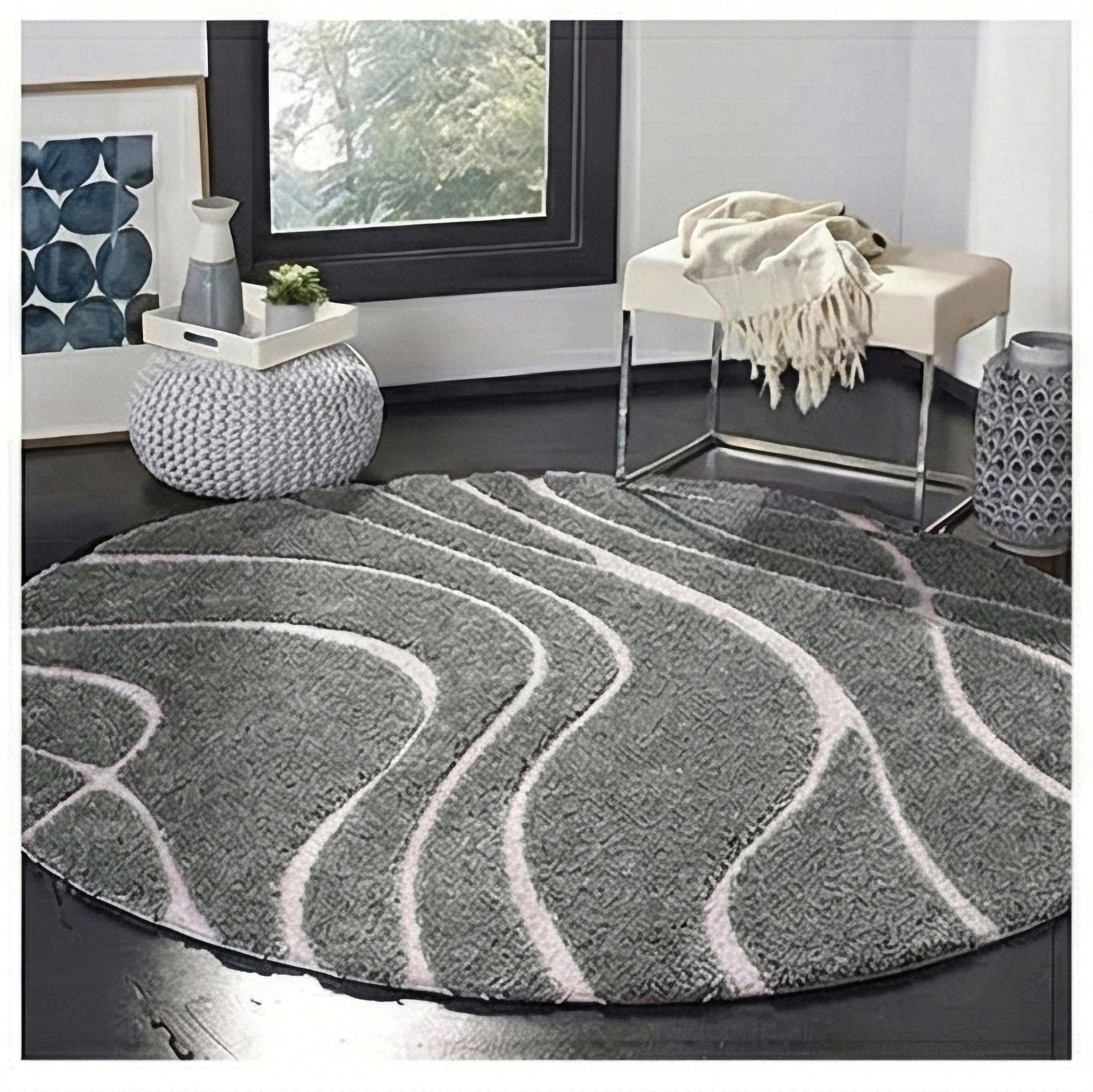 RUGEDGE Gray Geometric Round Shaggy Rug - Fluffy Carpet for Living Room,Bathroom Door mats Anti Slip Circle Area Carpet, Hallway, Kitchen, Circle Area Carpet (4 Ft Round) 1