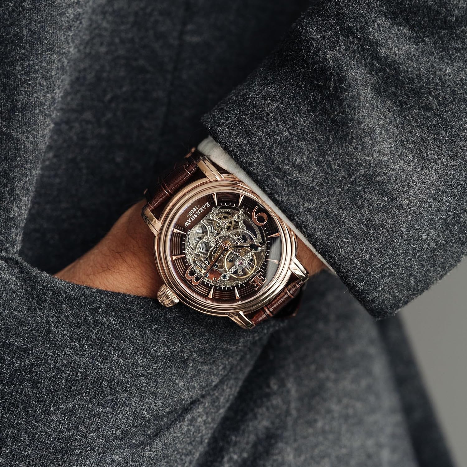 Thomas Earnshaw Longcase Grande Skeleton Men's Automatic Watch 48mm Open Heart Dial Genuine Leather Strap ES-8011 Brandy Rose Gold