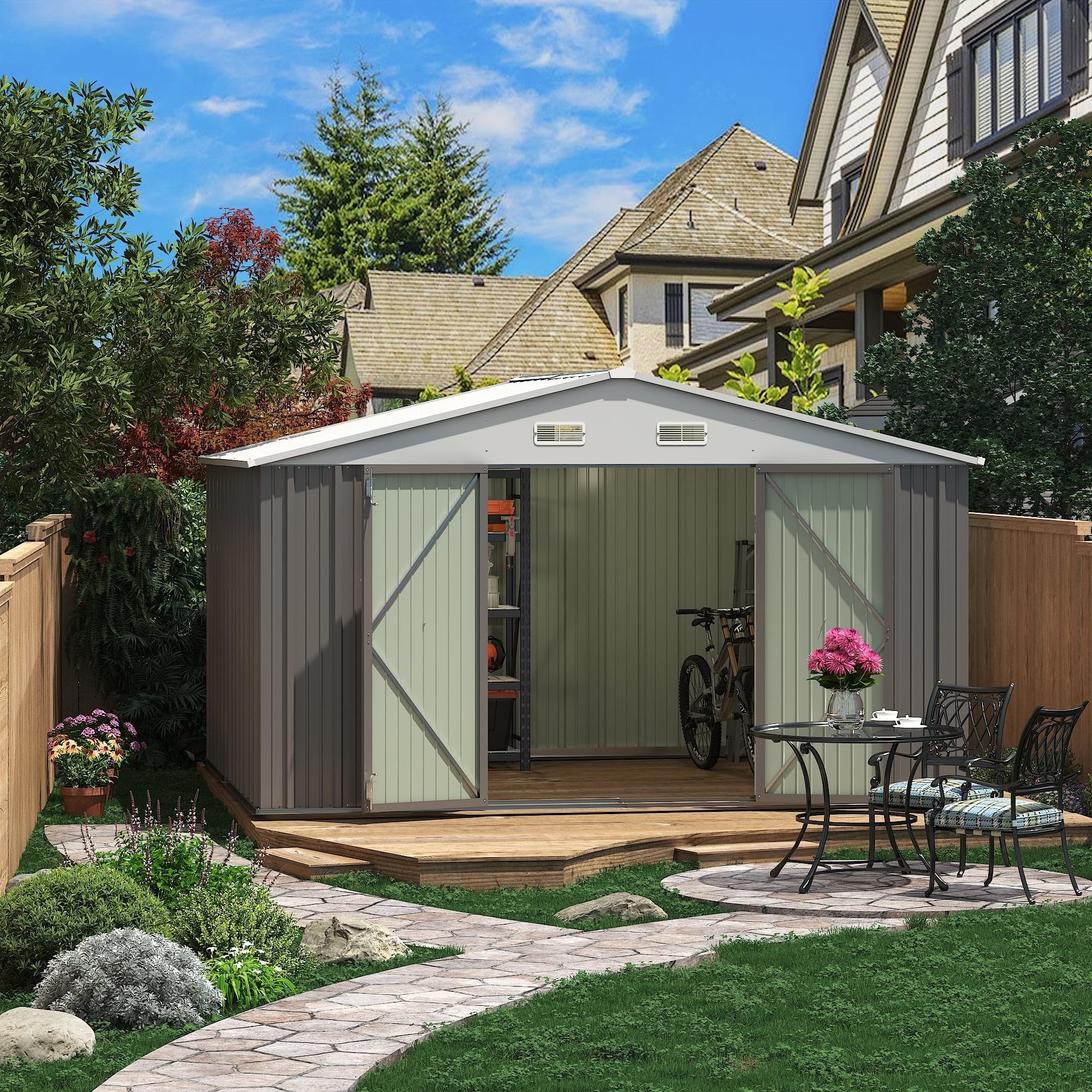 Greesum 10×8 FT Outdoor Storage Shed, Metal Storaged Sheds Without Floor, Tool Sheds with Lockable Doors and Slooping Roof for Garden, Patio, Backyard, Gray