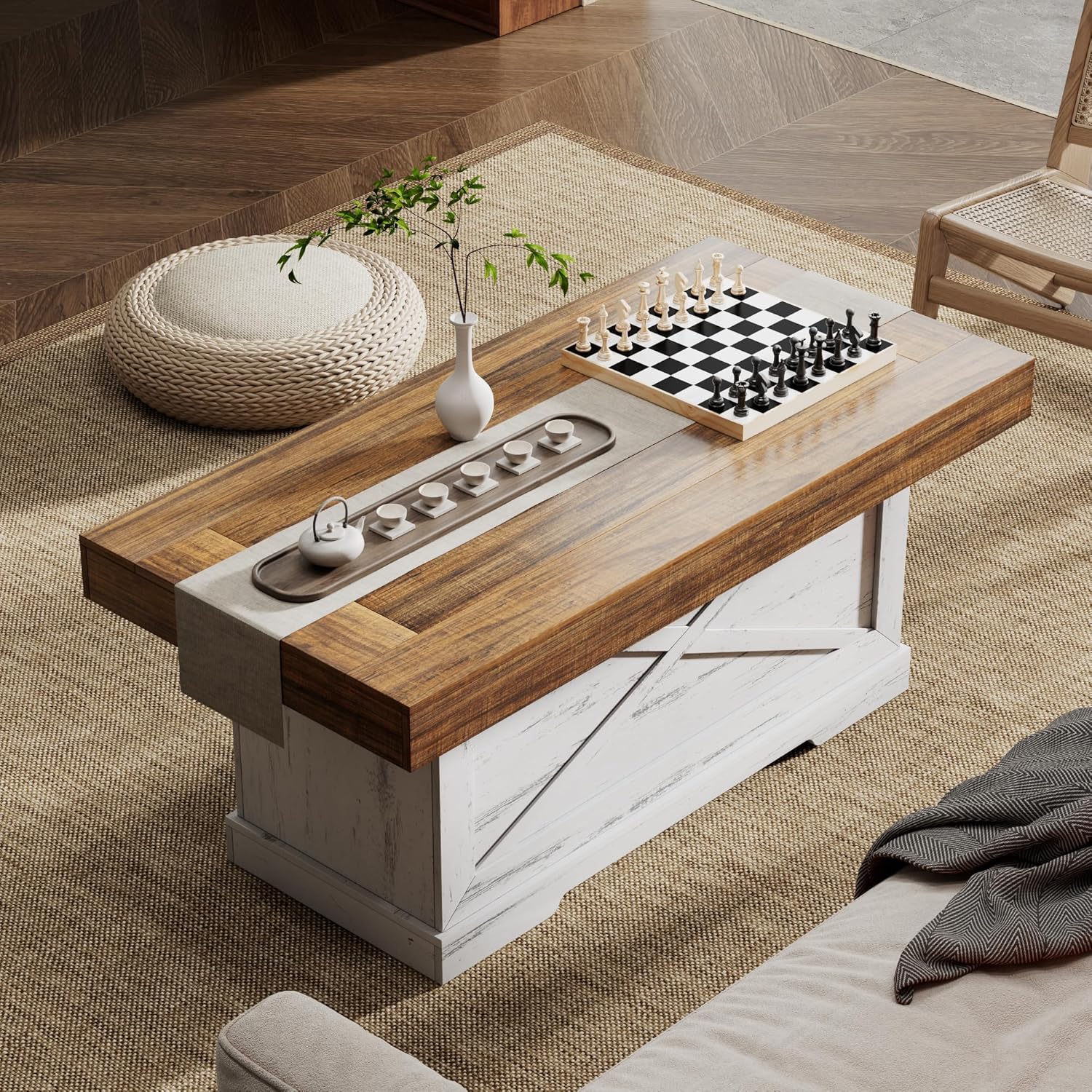 Coffee Table 39 in Farmhouse Center Table with X-Design Wooden Pedestal for Living Room, Space Saving, Rectangle Home Office Tea Accent Table for Apartment, Antique White Walnut