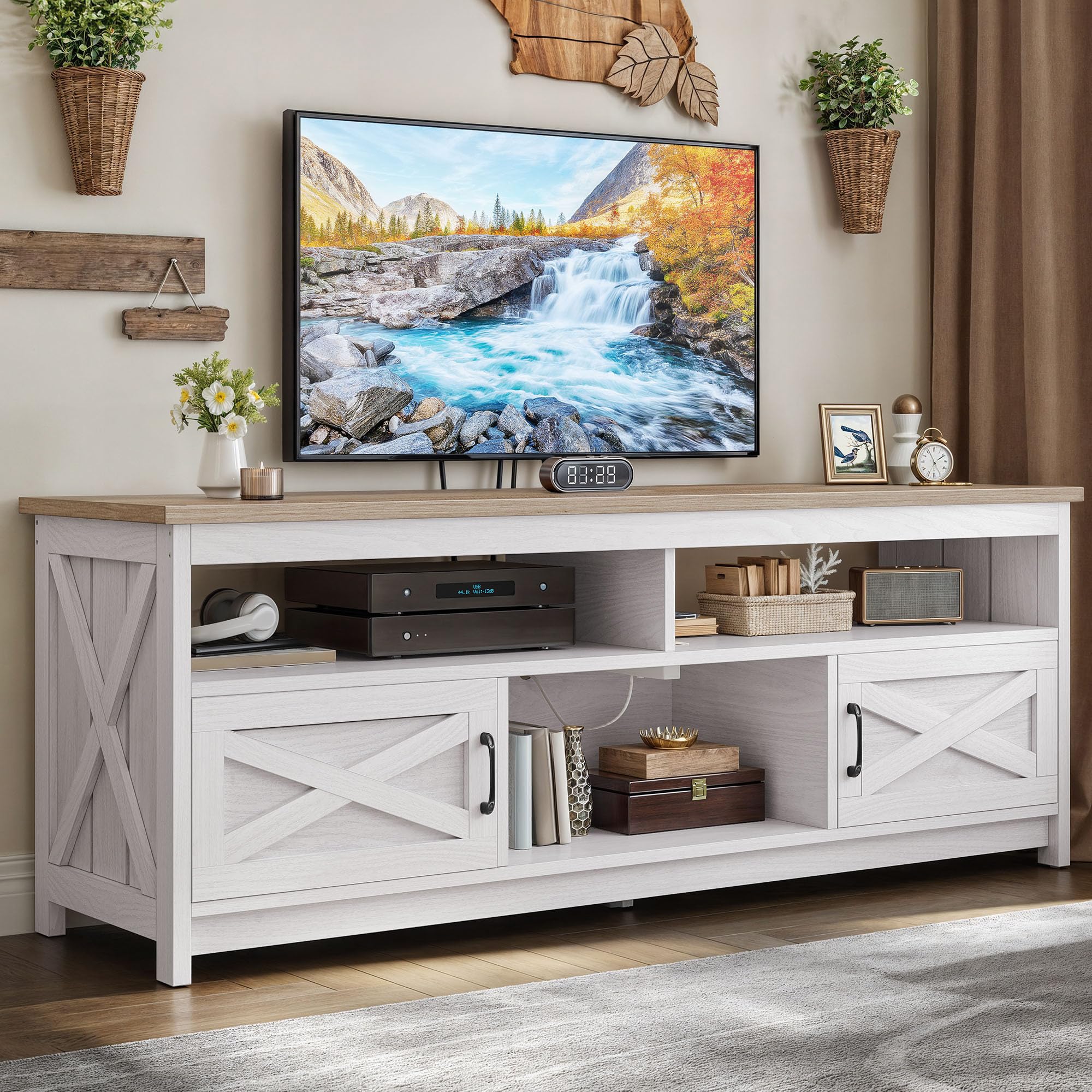 Photo 1 of YITAHOME Farmhouse TV Stand for 65/75 Inch Television, Entertainment Center Television Stand with Power Outlets and Open Shelf, Media Console TV Cabinet for Living Room, Grey White/Grey Wash