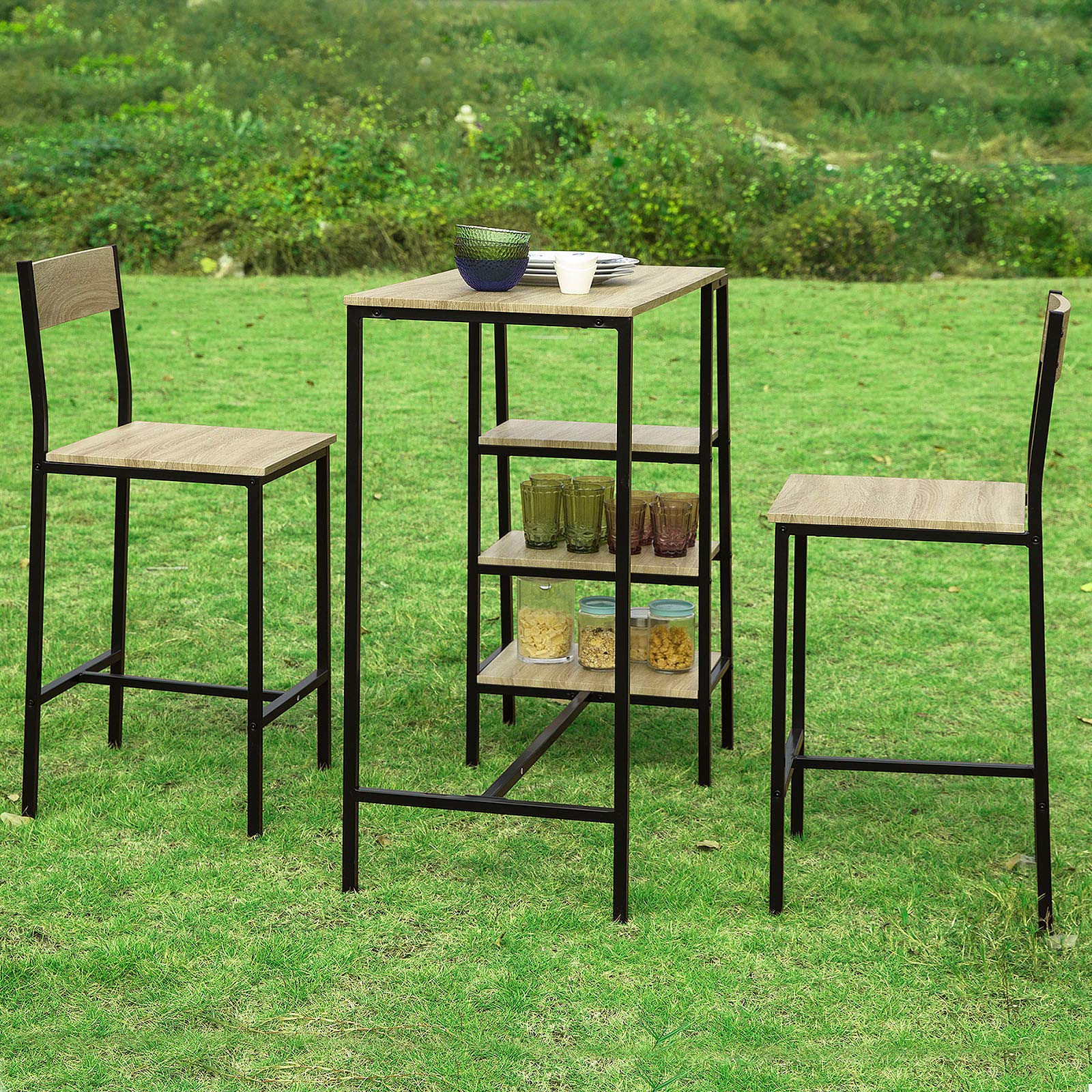 SoBuy® OGT16-N Set de 1 Table + 2 Chaises Ensemble Table de Bar Bistrot + 2 Tabourets de Bar avec Repose-Pieds Table Haute Cuisine Mange-Debout avec 3 Étagères Latéraux