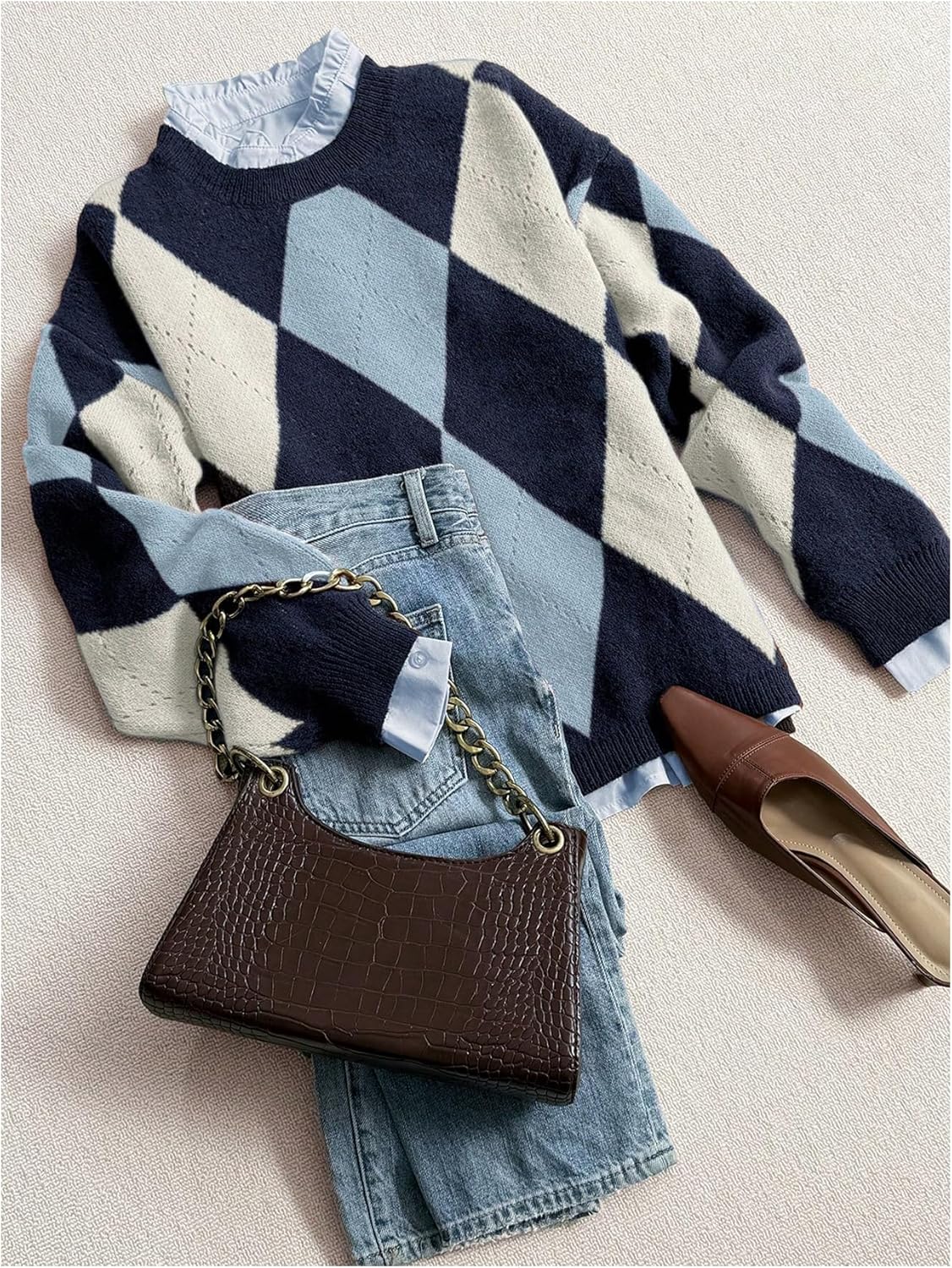 MakeMeChic Women's Argyle Plaid Sweater Crew Neck Long Sleeve Knit Vintage Pullovers - Image 5