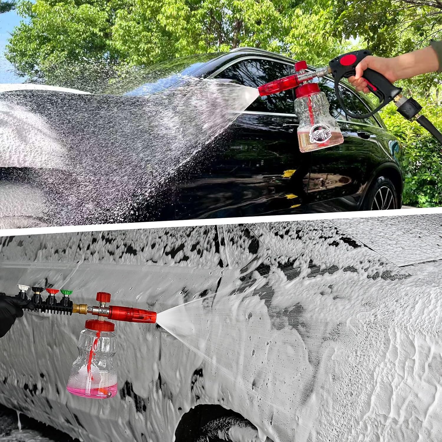 BEAR FORCE Pressure Washer Stainless Steel Foam Cannon Foam Generator with 1/4” Quick Connector & 1.25mm & 1.10mm Orifice Nozzle, 360° Adjustable Thicker Snow Foam with 32 oz Soap Car Wash