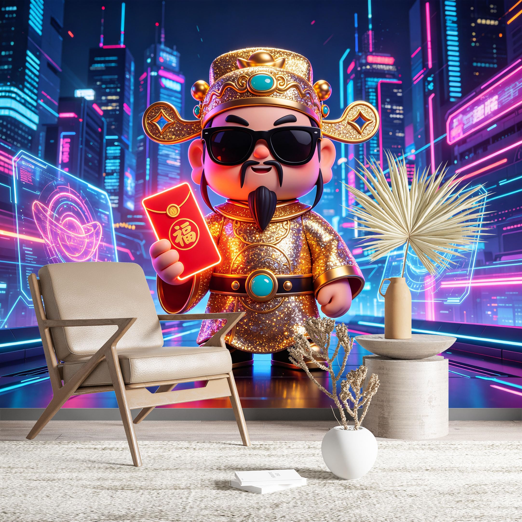 Custom Size Wall Murals Cyberpunk God of Wealth in Neon City HD Self-Adhesive Wall Fabric (NO PVC) Removable Wallpaper for Living Room Bedroom