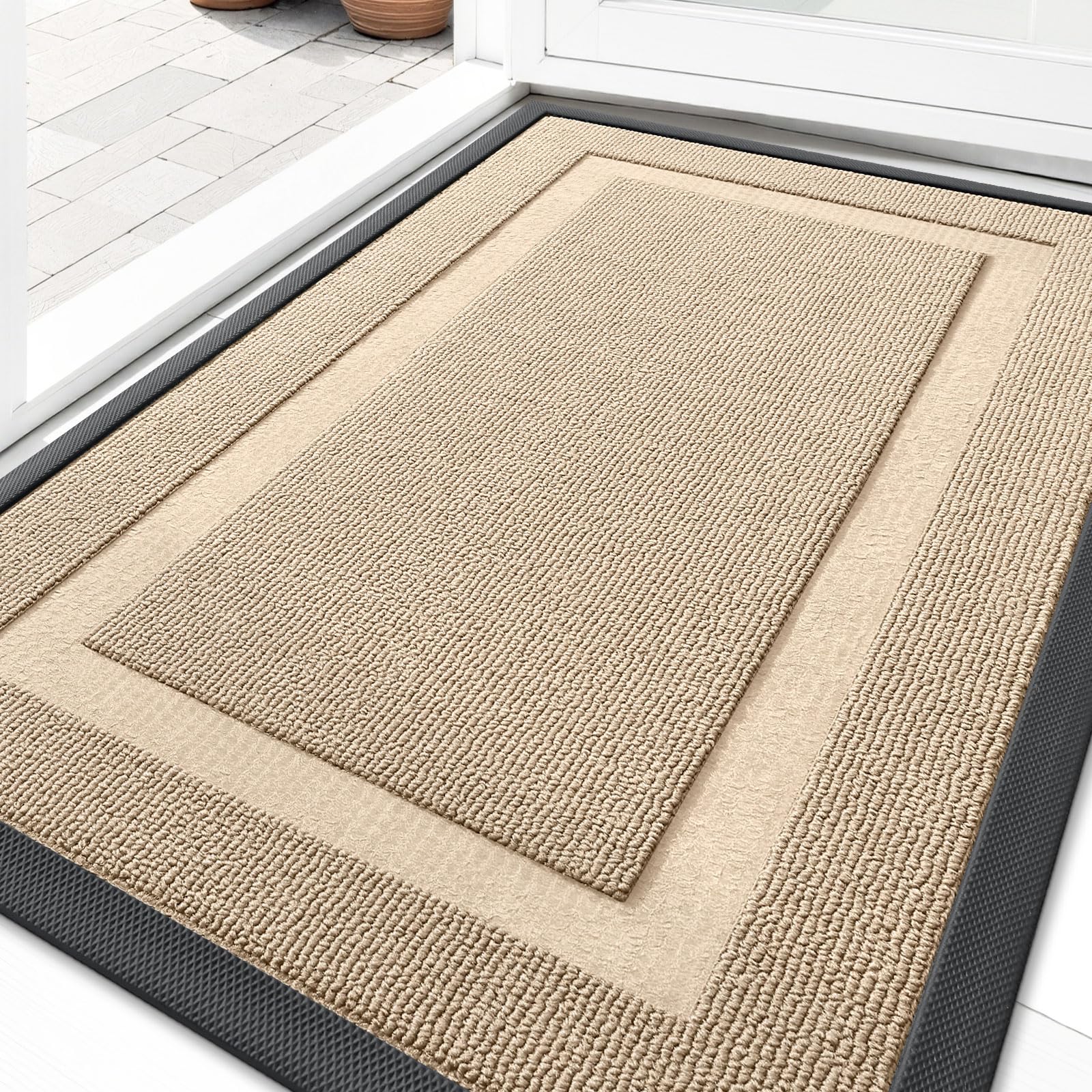 OLANLY Front Door Mat Outside 29.5x17, All-Season Heavy-Duty Rubber Doormat | Off-White, Absorbent, Stain Fade Resistant, Waterproof Non-Slip Backing, Low-Profile Indoor Outdoor Floor Mat for Entryway