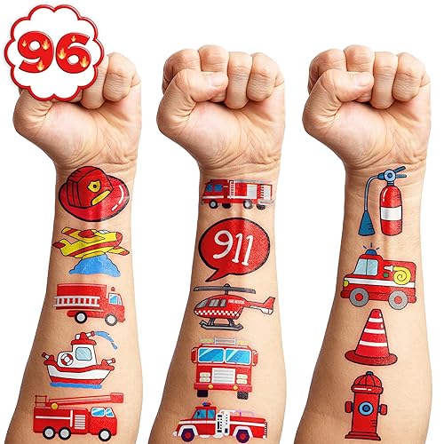 Miniatura 3 de Tatuajes temporales de bombero, decoraciones temáticas de fiesta de cumpleaños, suministros de recuerdos, 96 piezas, 8 hojas, lindas calcomanías de
