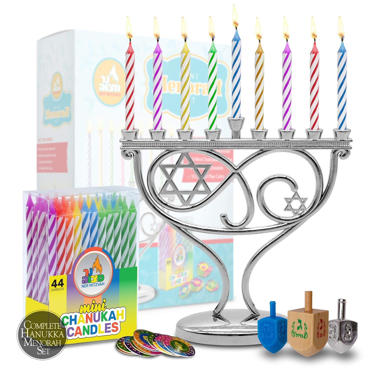 Buy Ner Mitzvah Mini Menorah Set Menorah, 44 Mini Candles, 3 Dreidels, Play Coins Online at