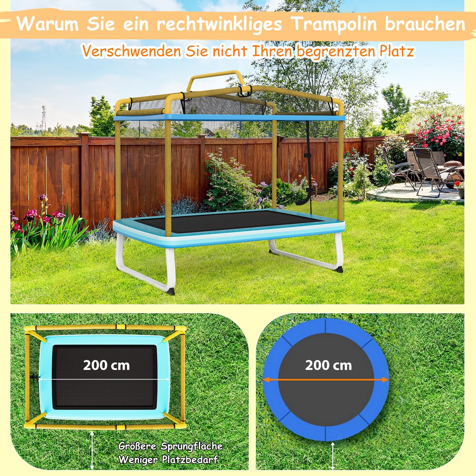 COSTWAY 3 in 1 Kindertrampolin, Fitness Trampolin Outdoor | Gartentrampolin rechteckig mit Schaukel & Reckstange, Trampolin mit Sicherheitsnetz für Kinder ab 3 Jahren