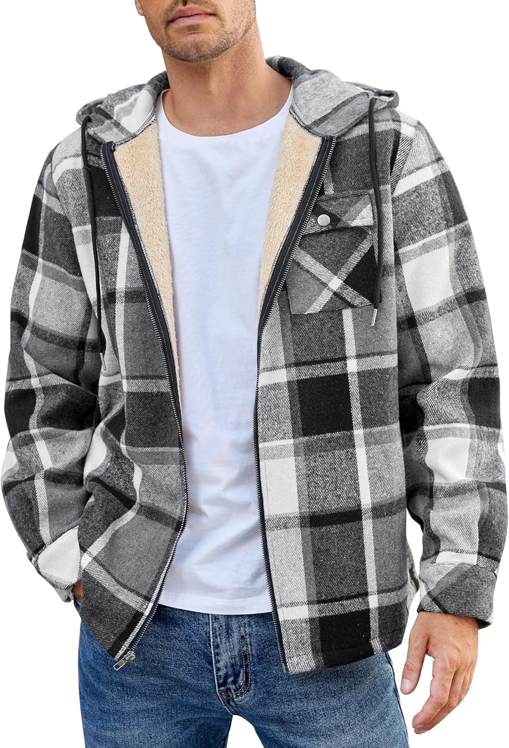 Men's Flannel Hooded Shirt Jacket Plaid Hoodie Zipper Sherpa Lined Winter Thermal Flannel Shirt Black White
