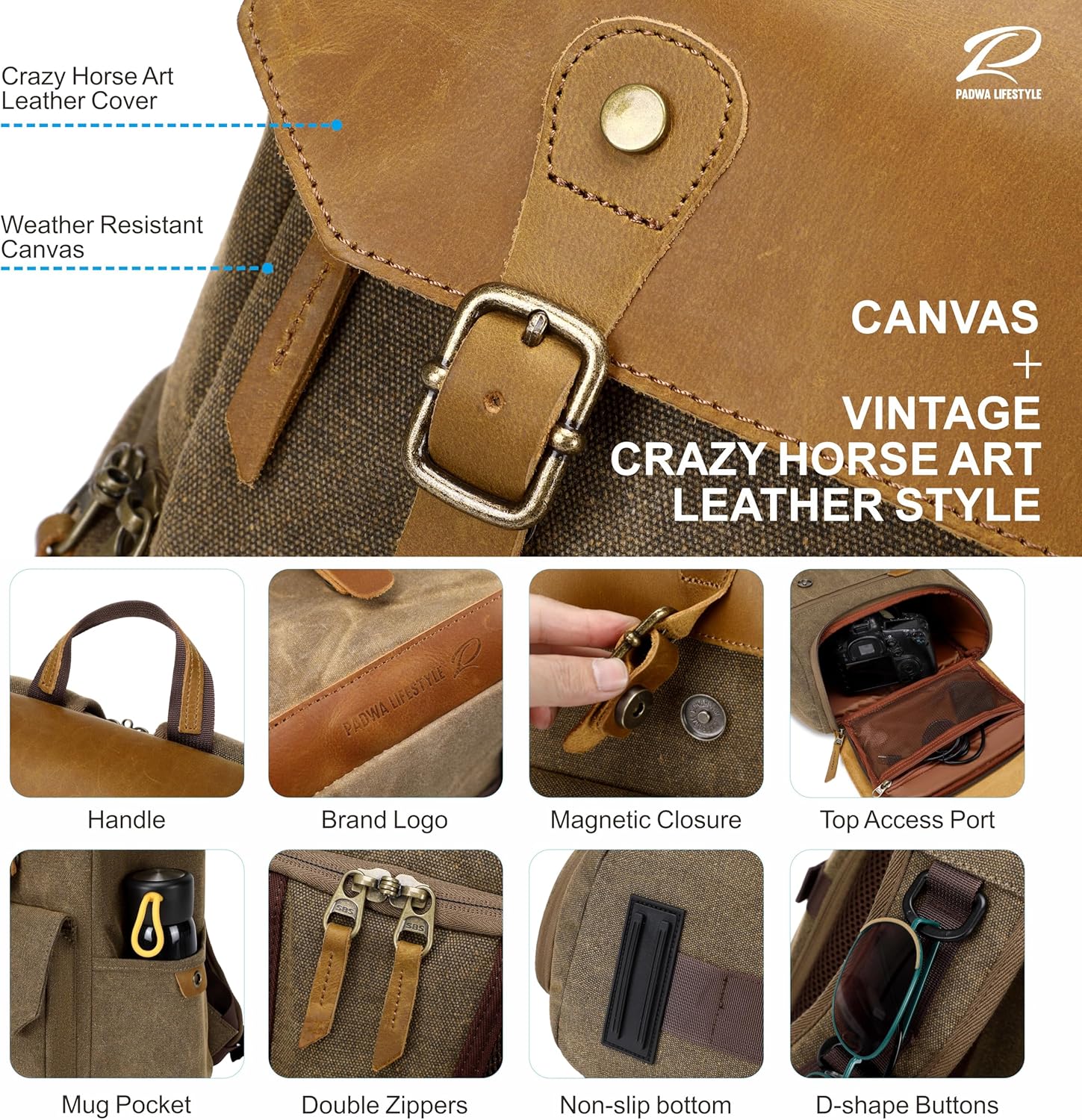 Padwa Lifestyle Khaki Canvas Camera Backpack - Large Camera Bag,Multi DSLR & UAV Professional Camera Backpacks with 16” Laptop & Lens Compartment and Tripod Holder for Photographers