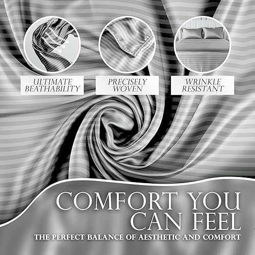 Miniatura 3 de DECOLURE Juego de sábanas de satén a rayas tamaño Queen, 4 piezas, lujosas sábanas de tacto de seda, tamaño Queen, satén sedoso y suave para todas