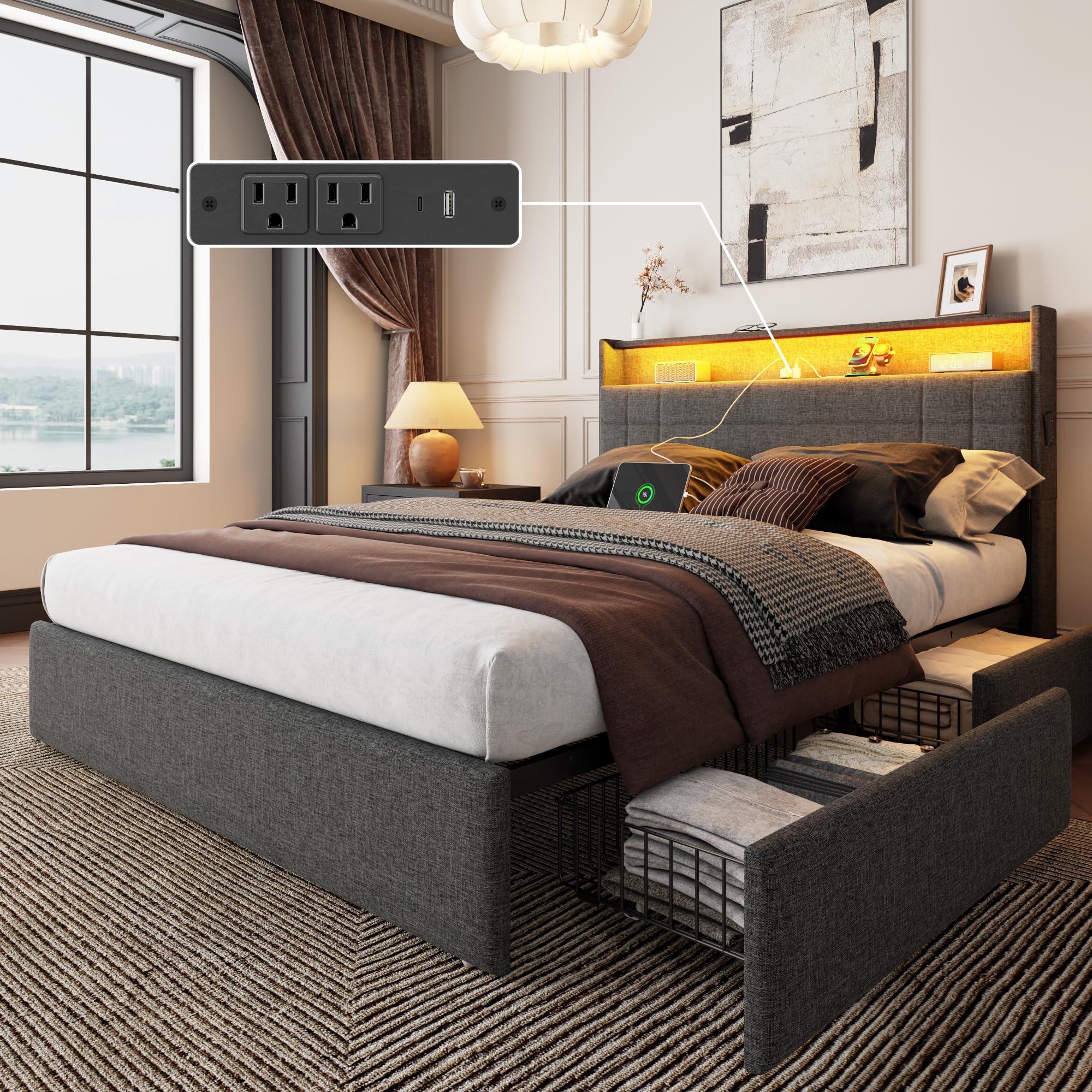 Forestell Queen Bed Frame with 4 Drawers and Storage Headboard Grey Upholstered Platform Bed Frame Queen Size with