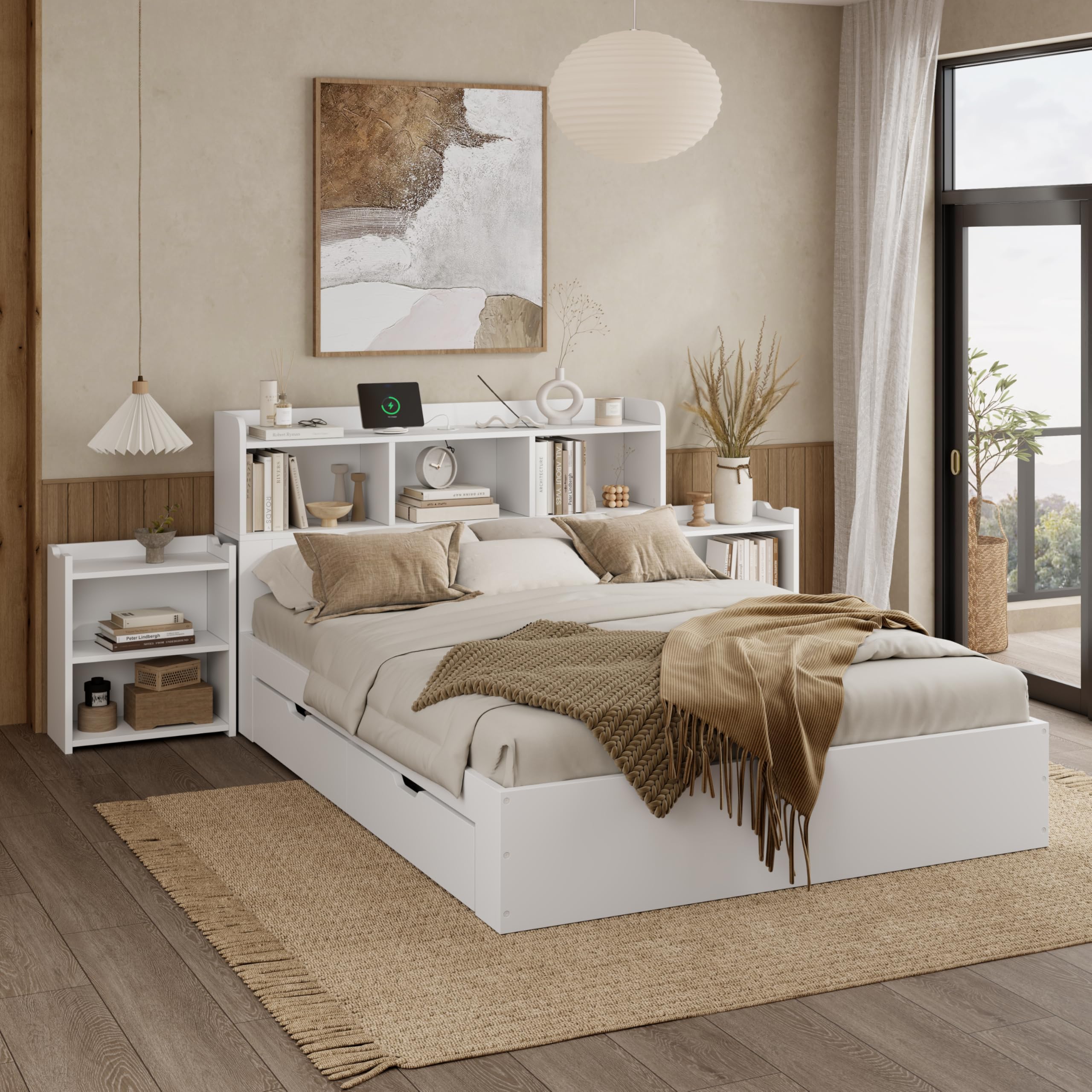 okwish Holzbett 140x200 cm Doppelbett, Funktionsbett mit Typ-C & Kabelloses Laden, Bett mit Stauraum - Stauraumbett mit Nachttischen, Schubladen & Stauschrank, Bettgestell mit Lattenrost, Weiß