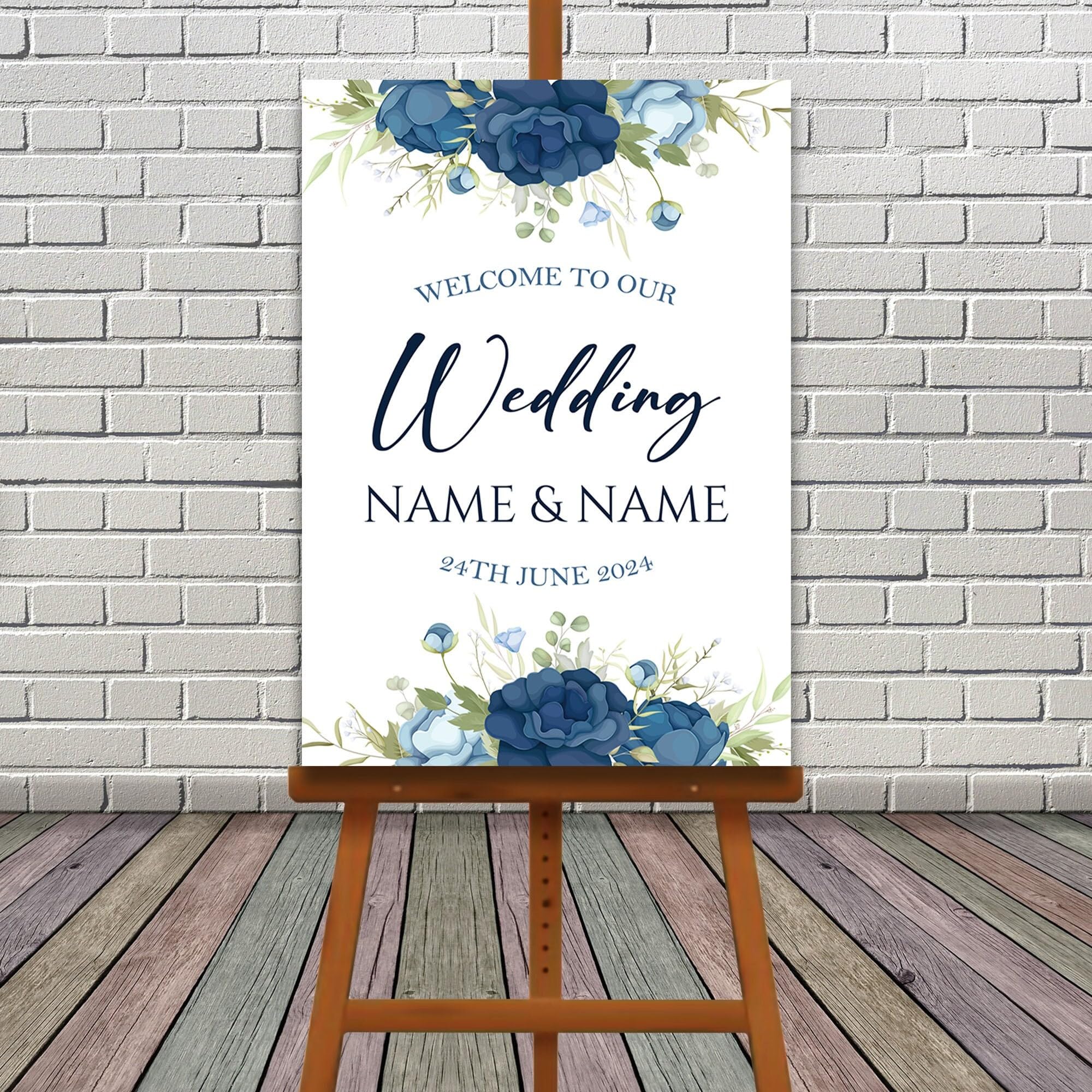 Blue Floral Wedding Welcome Sign, Wedding Sign, A1, A2, A3 or A4, Wedding Decor, Welcome Wedding Poster, Large Welcome Sign, Printed Sign