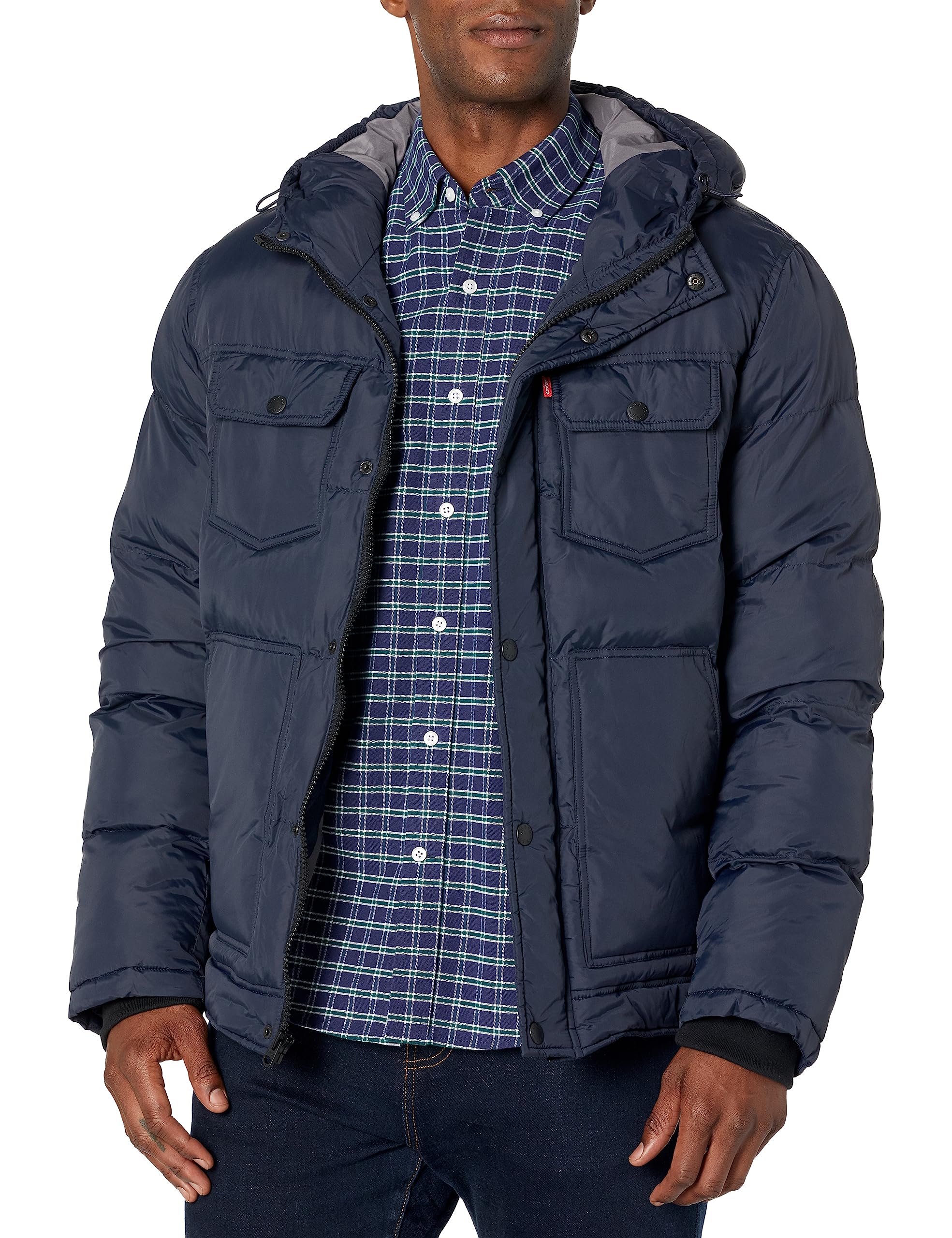 Levi's Men's Heavyweight Mid-Length Hooded Military Puffer Jacket XL Navy Solid
