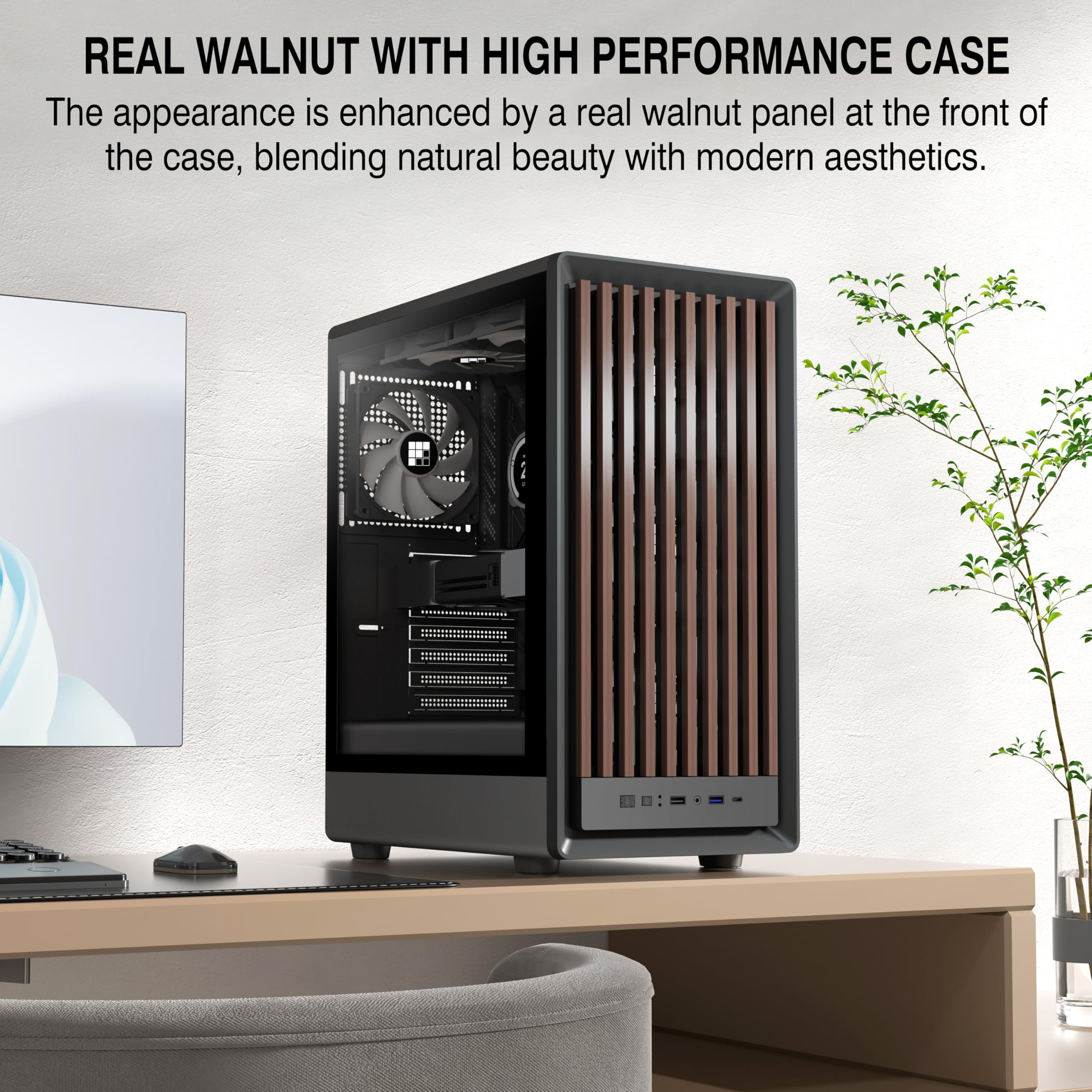 FOIFKIN M1 PC Case - Legno Noce Anteriore - 4 PWM ARGB ventola preinstallata, ATX Mid-Tower Gaming PC,con Type-C (Nero, M1)