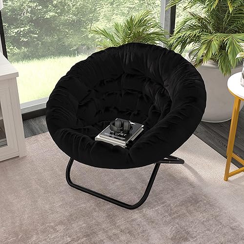 EMMA + OLIVER Ersa - Silla plegable de gran tamaño de 38 pulgadas con tapicería de piel sintética acogedora en negro con marco de metal negro para