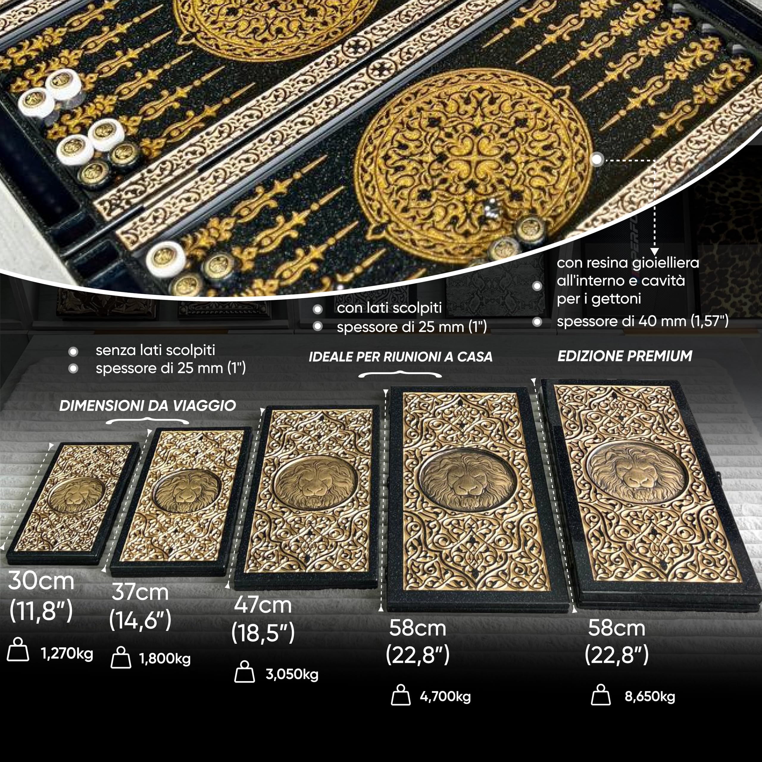 Backgammon di lusso "Leone d'oro" – Realizzato a mano in pietra acrilica e resina – 58 × 28 cm – Design reale e regalo con personalizzazione (Premium Size 58 cm)