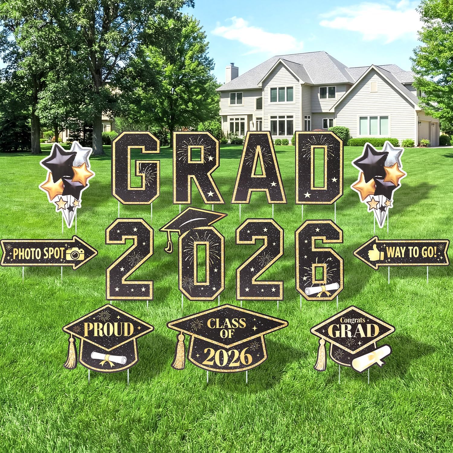 2026 Graduation Yard Signs, 15 PCS Blue and Gold Congrats GRAD Lawn Signs with Stakes, Class of 2026 Outdoor Yard Decorations for High School & College Graduation Party