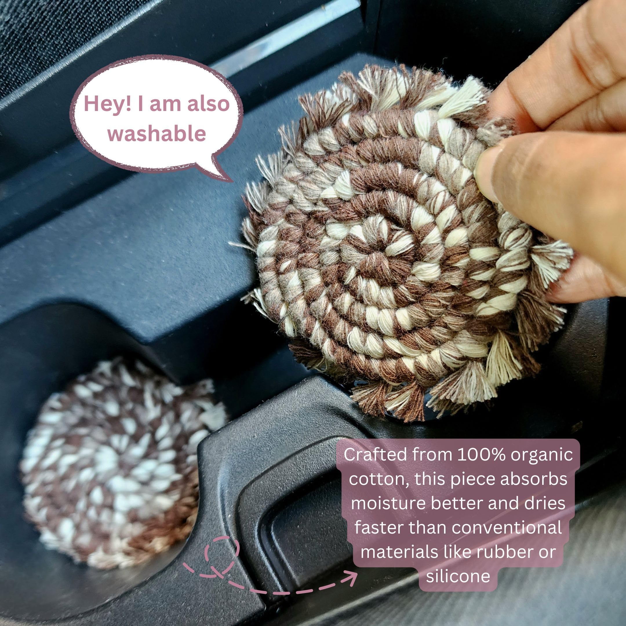 Cotton Car Coasters 2pc Car Cup Coasters Cute car Accessories for Women car Coaster for Cup Holders Mocha — view 3