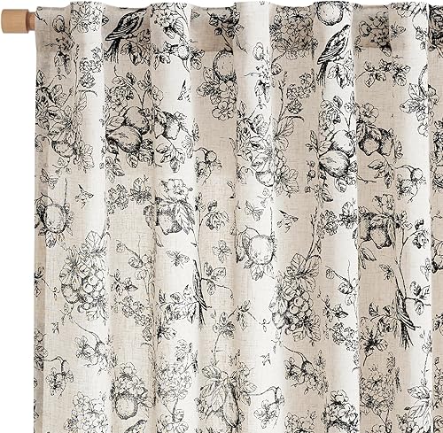 Vangao Cortinas florales de mezcla de lino para sala de estar, 63 pulgadas de largo, cortinas negras sobre beige, pestañas traseras, filtro de luz,