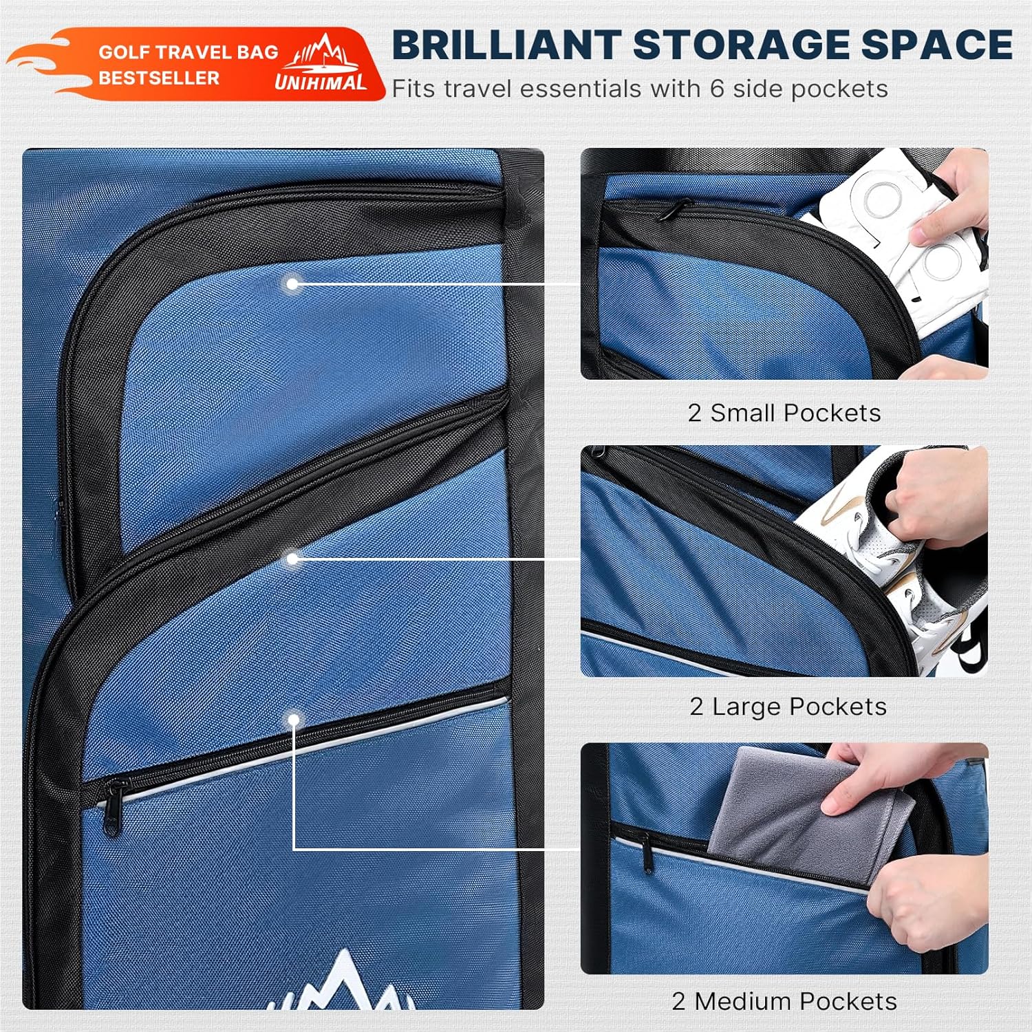uniHimal Golf Travel Bag for Airline Travel with PC Hard Case Top, Wheels & Foldable Design, 1680D Heavy-Duty Oxford Fabric, Designed for Airport and Golf Course Transport