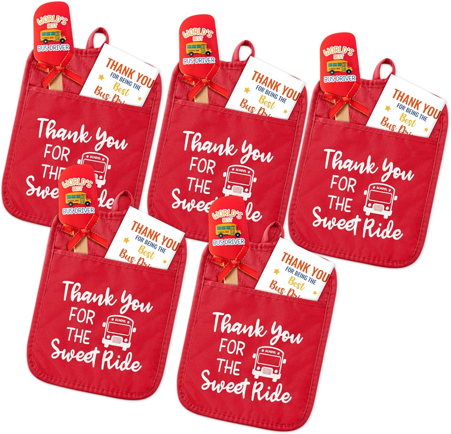 R HORSE School Bus Driver Appreciation Gift - 5 Pack Red Funny Pot Holder Set, Heat Resistant Oven Mitt with Silicone Spatula & Greeting Card, Retirement Gift for School Bus Driver Thank You Present