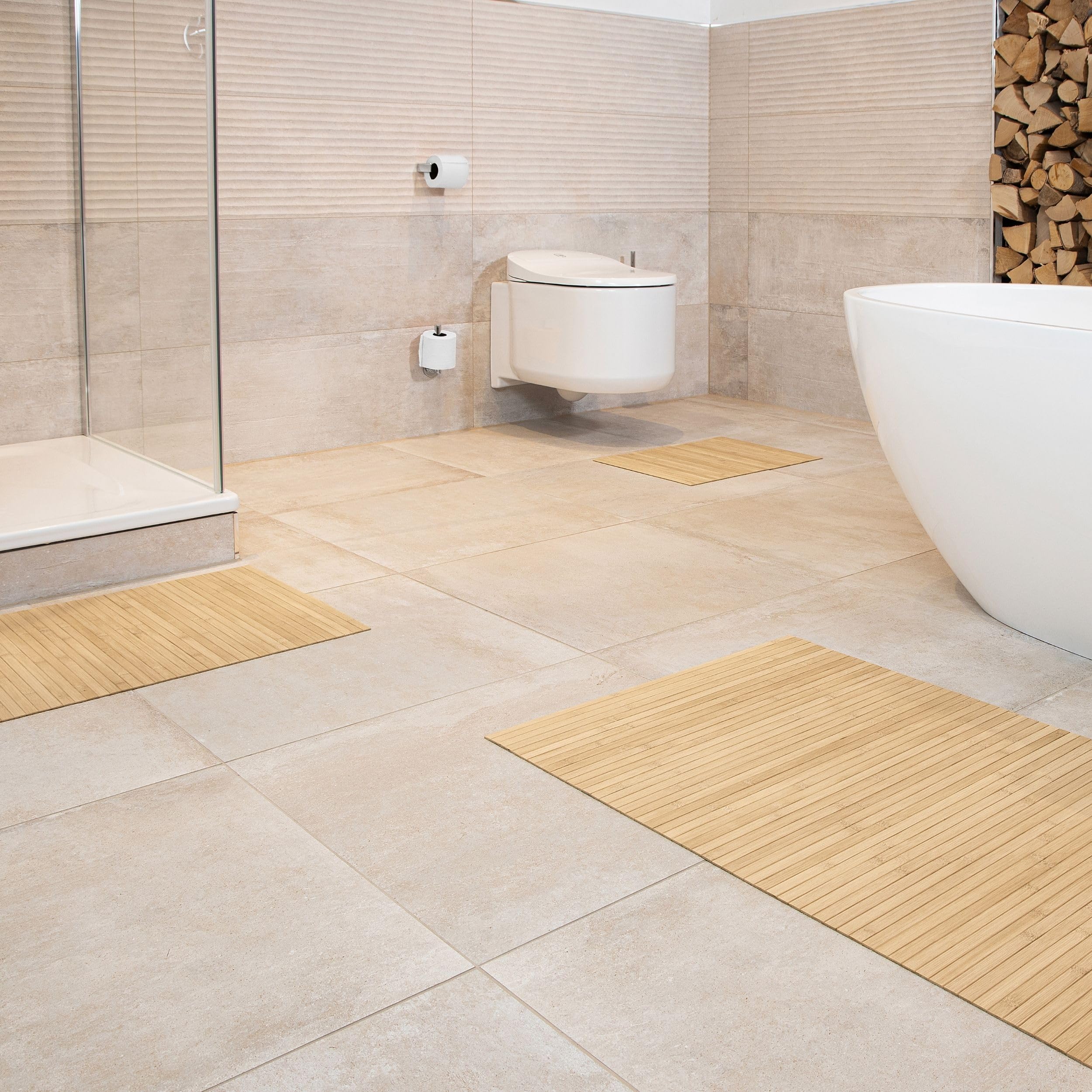 DE-COmmerce Tapis de Bain en Bambou Lines, Lot de 3, Tapis de Salle de Bain, Tapis en Bois, Tapis en Bambou, Salle de Bain, antidérapant, Couleur : Pure