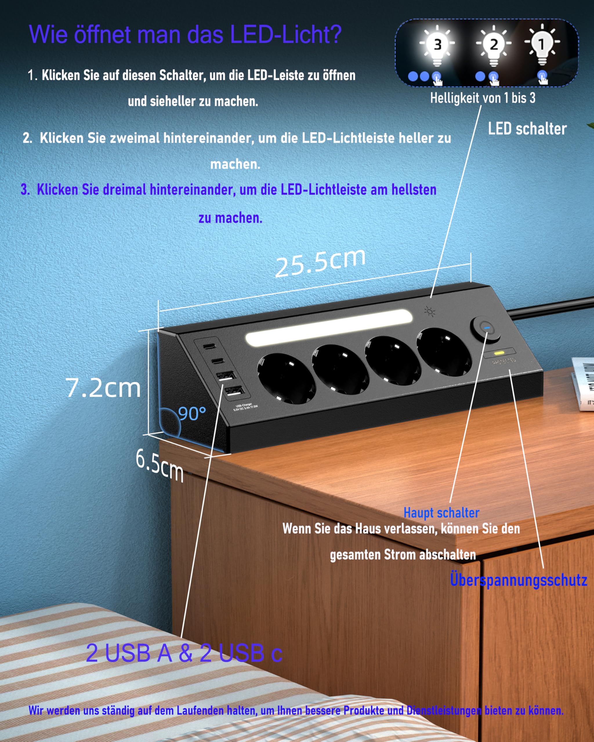 AORIDO Listwa narożna z 4 gniazdami wtykowymi, 2 USB i 2 gniazdami stołowymi typu C, 90° z 2 przełącznikami, listwa zasilająca z ochroną przeciwprzepięciową, do montażu na ścianie z diodami LED, kabel