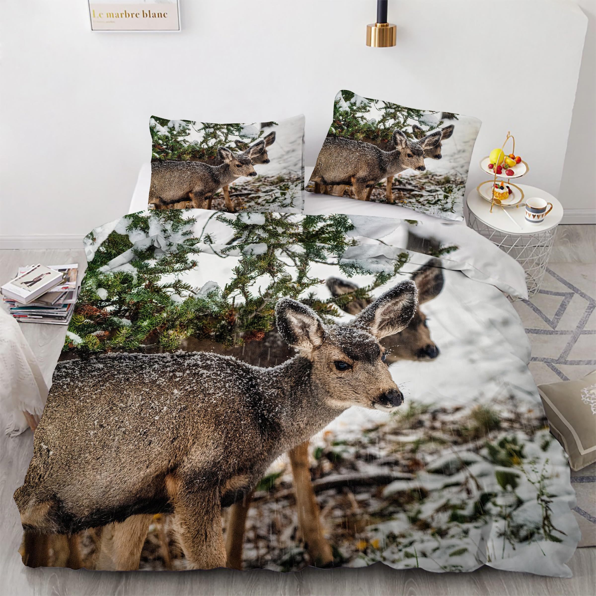 Housse de couette 220x240 cerf de Virginie parure de lit 3 pièces en microfibre blanche Kg4283