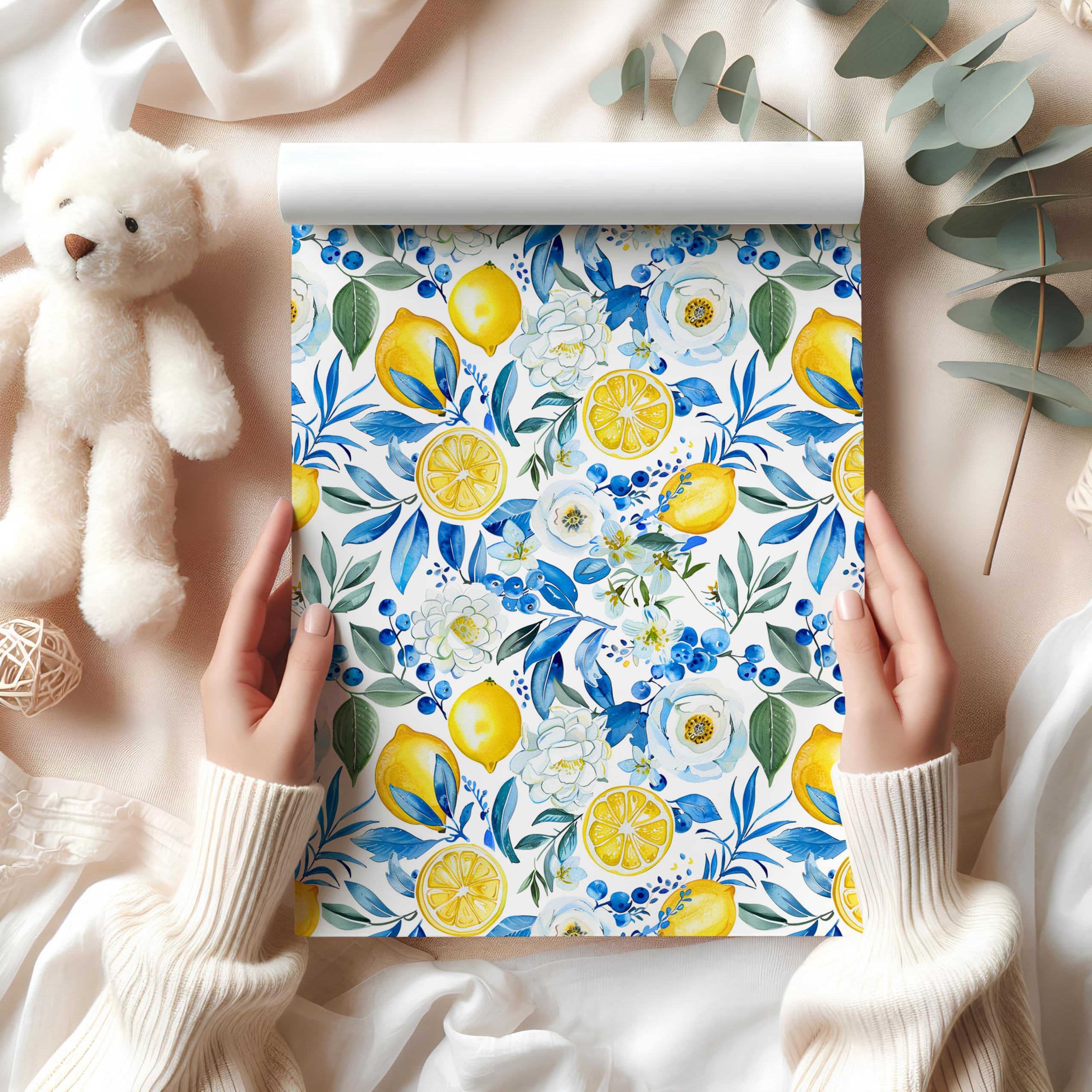 Lemon Wrapping Paper – Fresh Fruit Gift Wrap Lemons, Blueberries Florals Birthdays, Summer Parties, Weddings Kitchens – Bright – W84 (3 x 50 x 70cm Sheets / 19.7" x 27.5" inches)