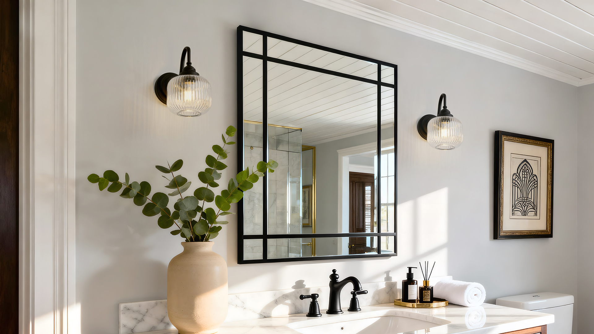Image of Vintage Industrial Wall Sconce Lighting with Clear Striped Glass Shade, Hardwired Wall Vanity Light Fixture for Bathroom Kitchen Living Room Bedroom Hallway